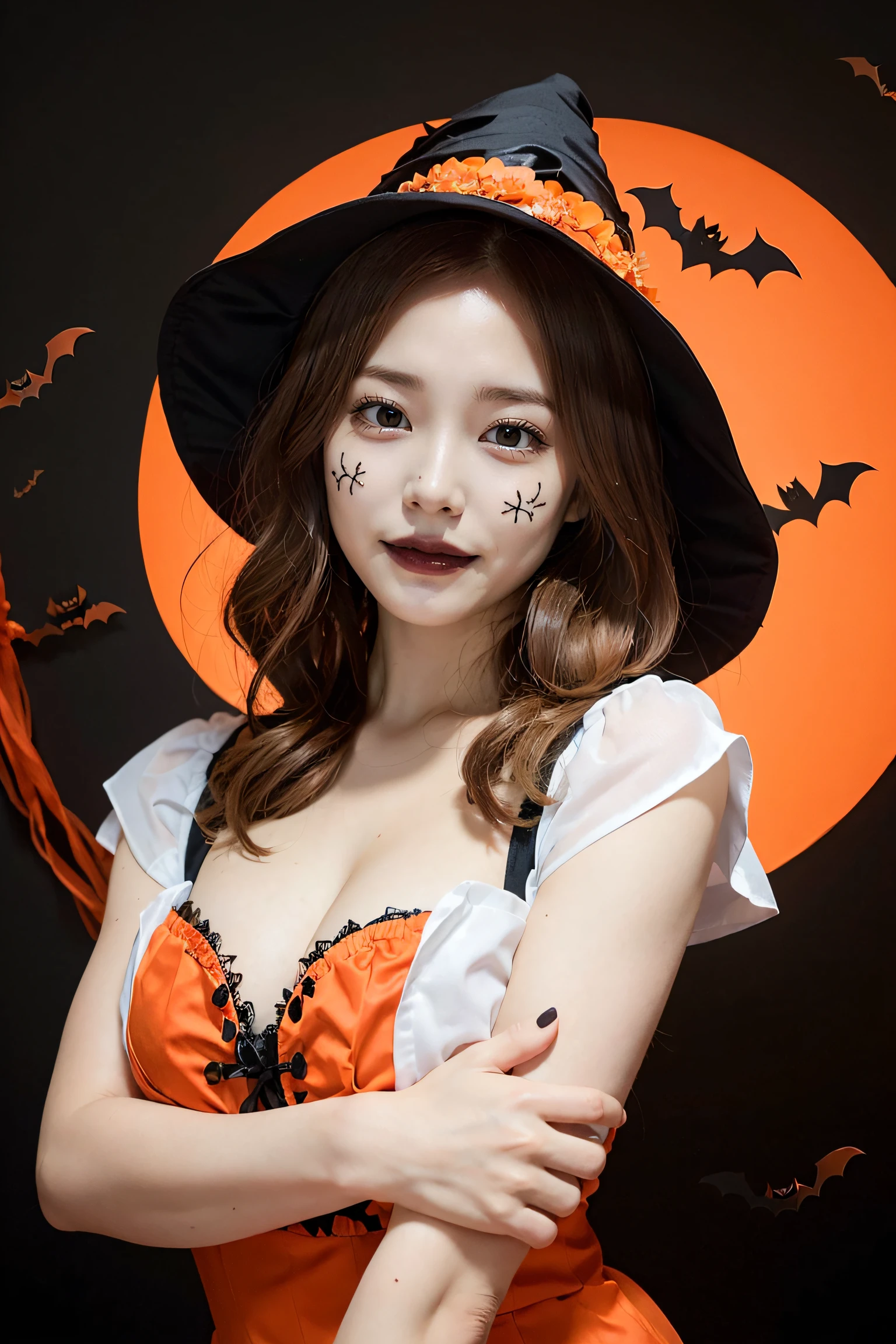 (Halloween theme:1.5), (fantasy:1.5), upper body portrait of a tall beautiful women wearing halloween witch costume, skin tight full lacy ultra detailed embroidery Dirndl, (fusion of orange Dirndl and aodai:1.2), (Hood), BREAK, ((;D1.3, evil smile:1.2)), perfect face,perfect eyes,HD details,high details,sharp focus,studio photo,HD makeup,shimmery makeup,celebrity makeup,(( centered image)) (HD render)Studio portrait,magic, magical, fantasy,halloween house, jack-o' challenge, pink hair, halloween background, bright pumpkin, (arms down),(arms behind),