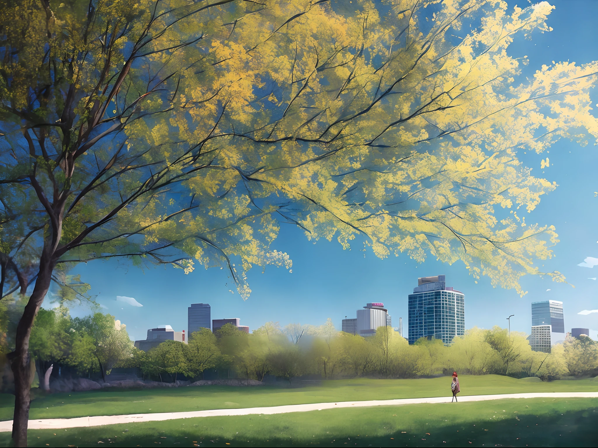 watercolor paiting、There is a woman walking along the path in the park, with a park in the background, In a city park, on the park, with a park in the back ground, park in background, in a city square, Central Moscow, In the park, In the middle of the city, during autumn, standing in a city center, tree in the background々