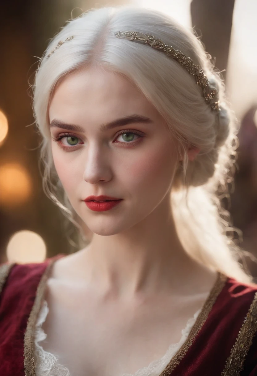 (((a deep reddish wound crosses her left cheek))) fair complexion, woman around 19 years old, natural white hair, distinctive green eyes, wearing kohl, slender and graceful, beautiful, candlelight in a medieval setting, ultra sharp focus, realistic shot, medieval female clothes, tetradic colors (scar:1.4)