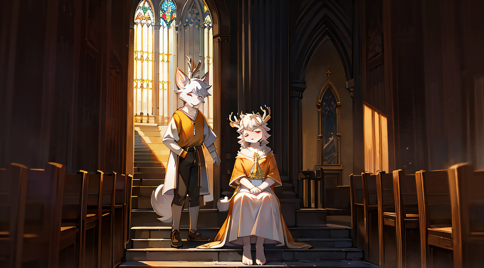 A white deer in a white robe,Black wolf in orange shirt,Sit in front of the church,stairways,Golden umbrella,rays of sunshine,Clear facial features,Close your eyes,