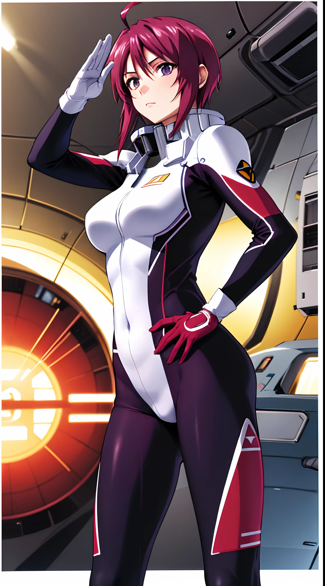 masterpiece, best quality, highres, 1girl, solo, short hair, ahoge, red hair, purple eyes, purple hair, pilot suit, gloves, cowboy shot, standing, spacecraft, indoors, salute, hand on hip,