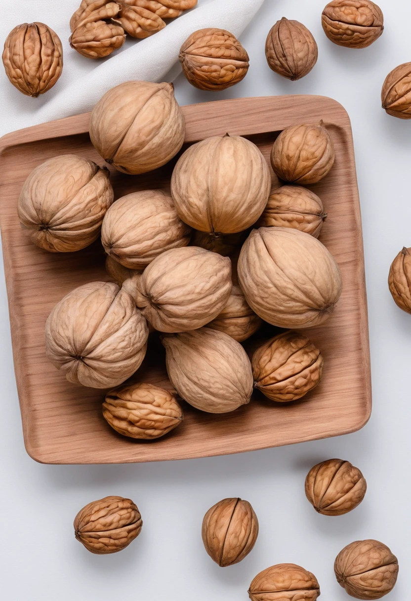 A few walnuts on a walnut plate on a white background,High quality, Best quality, A high resolution, photography of,up-close