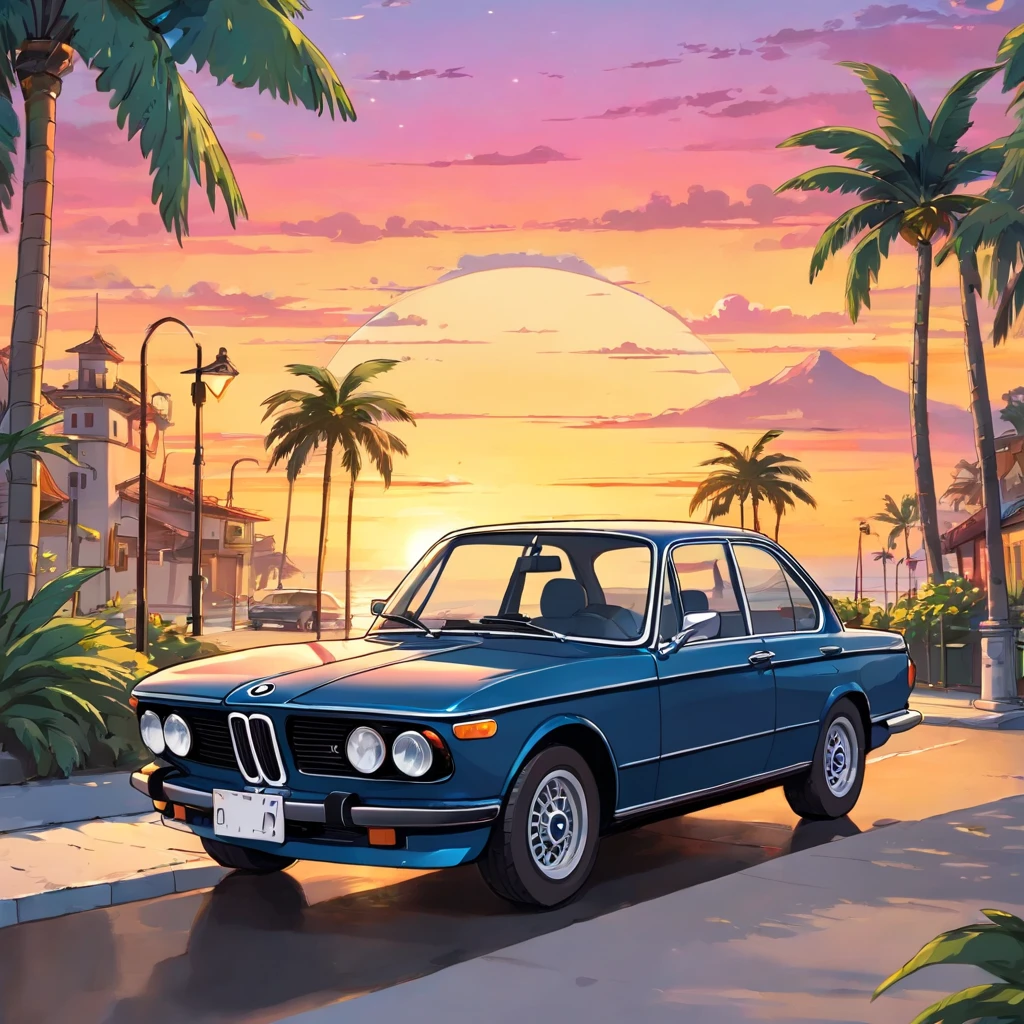 ((Sticker design)), Classic BMW car, Sunset background, Palm trees, 5 colors of layers, Corner Street, Beleq drum, Presean, car in black color