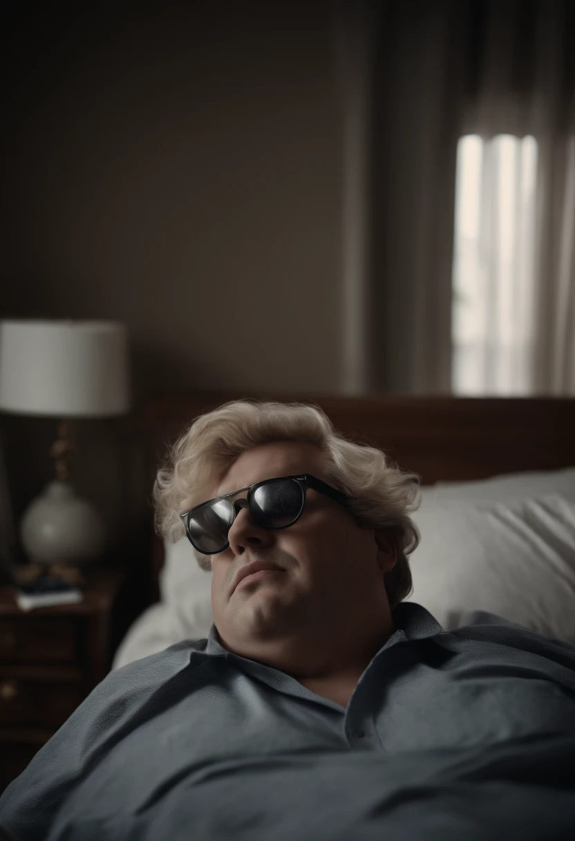 (best quality,4k,8k,highres,masterpiece:1.2),ultra-detailed,(realistic,photorealistic,photo-realistic:1.37),obese blond man, wearing 3D cinema glasses on his eyes, lying asleep on a bed, Your room is very dirty, with his mouth wide open. Hyper-realistic image, grayscale filter, soft lighting, messy surroundings, realistic textures, wrinkled bedsheet, tousled hair, deep shadows, cinematic atmosphere, intimate perspective, high contrast, intricate wrinkles on the man's face, extreme detail description, dusty room, dimly lit space, smudged glasses, unmade bed, cluttered surroundings.