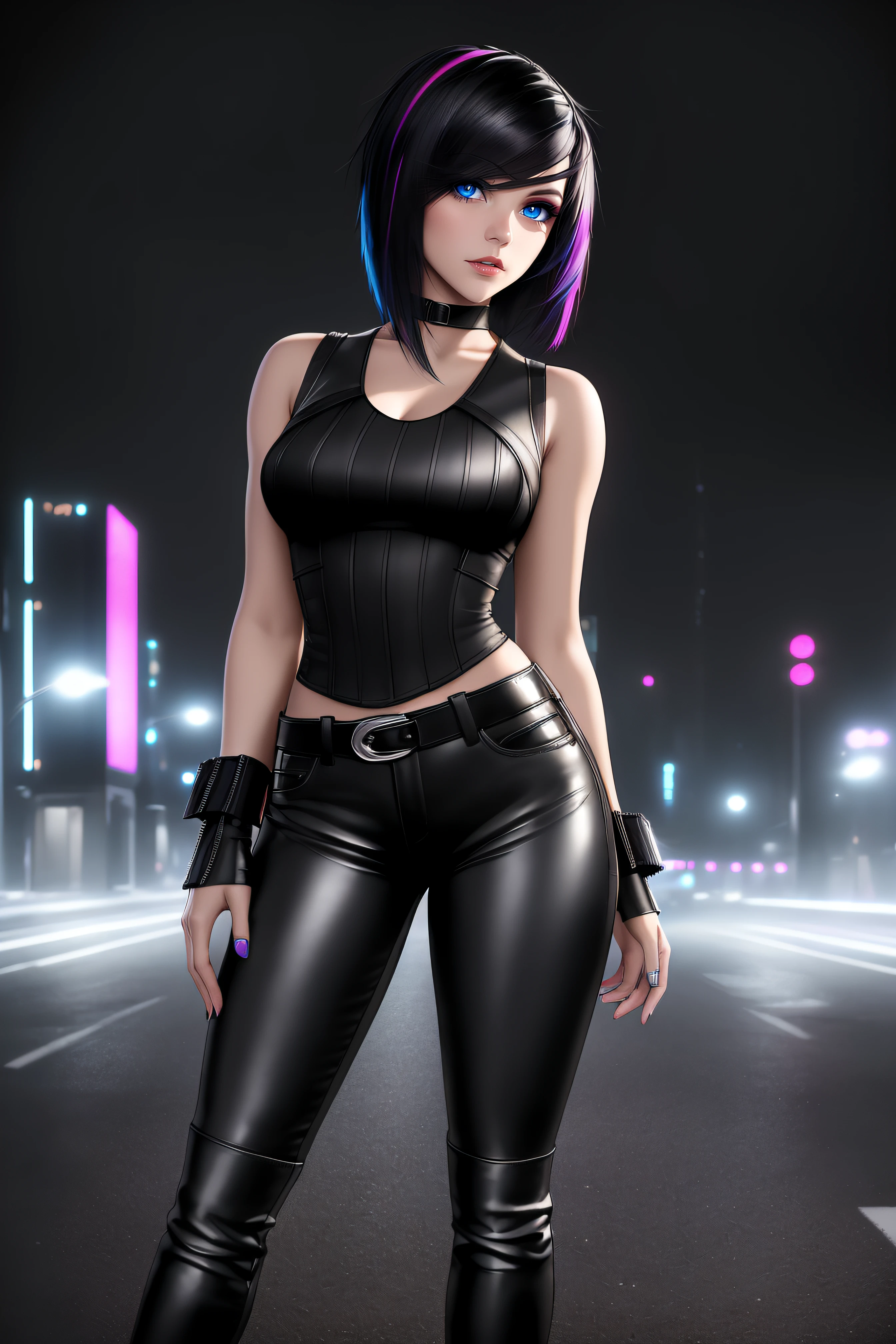 beautiful girl, ((standing:1.4)), (confident gaze:1.1), full body, short bright neon streaked black hair, ((realistic highly detailed eyes:1.4)), ((seductive pose:1.2)), black eyeshadow, (street style wear:1.2), ((tight fitted pants)), ((knee high leather boots)), (dark city night black background:1.4), dark makeup, digital art, trending on artstation, highly detailed, fine detail, intricate, detailed facial features, sharp focus, smooth, aesthetic,