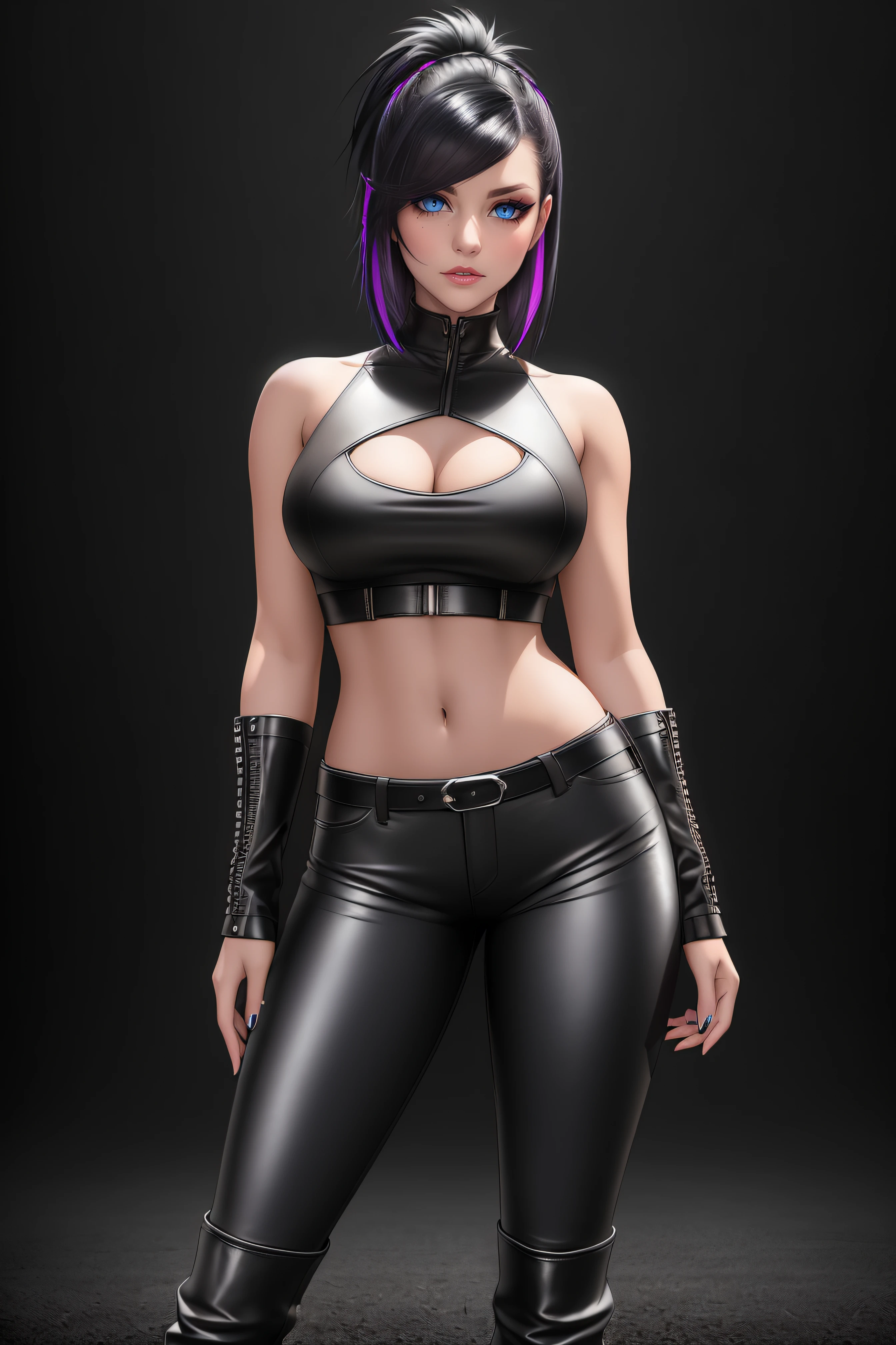 beautiful girl, ((standing:1.4)), (confident gaze:1.1), full body, short bright neon streaked black hair, ((realistic highly detailed eyes:1.4)), ((seductive pose:1.2)), black eyeshadow, (street style wear:1.2), ((tight fitted pants)), ((knee high leather boots)), (dark city night black background:1.4), dark makeup, digital art, trending on artstation, highly detailed, fine detail, intricate, detailed facial features, sharp focus, smooth, aesthetic,