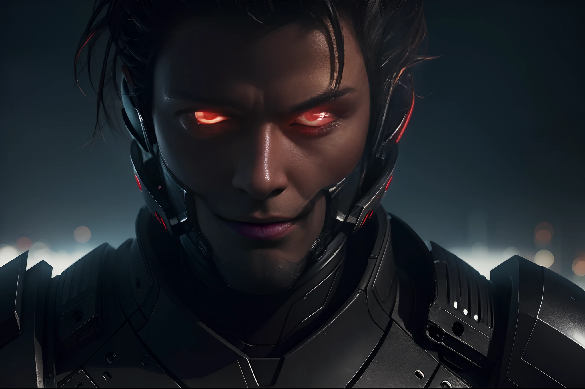 Extreme close up of the head of an android, realistic textures, slightly sided view, red malignant eyes, nighttime, dark foggy city background, highly detailed.