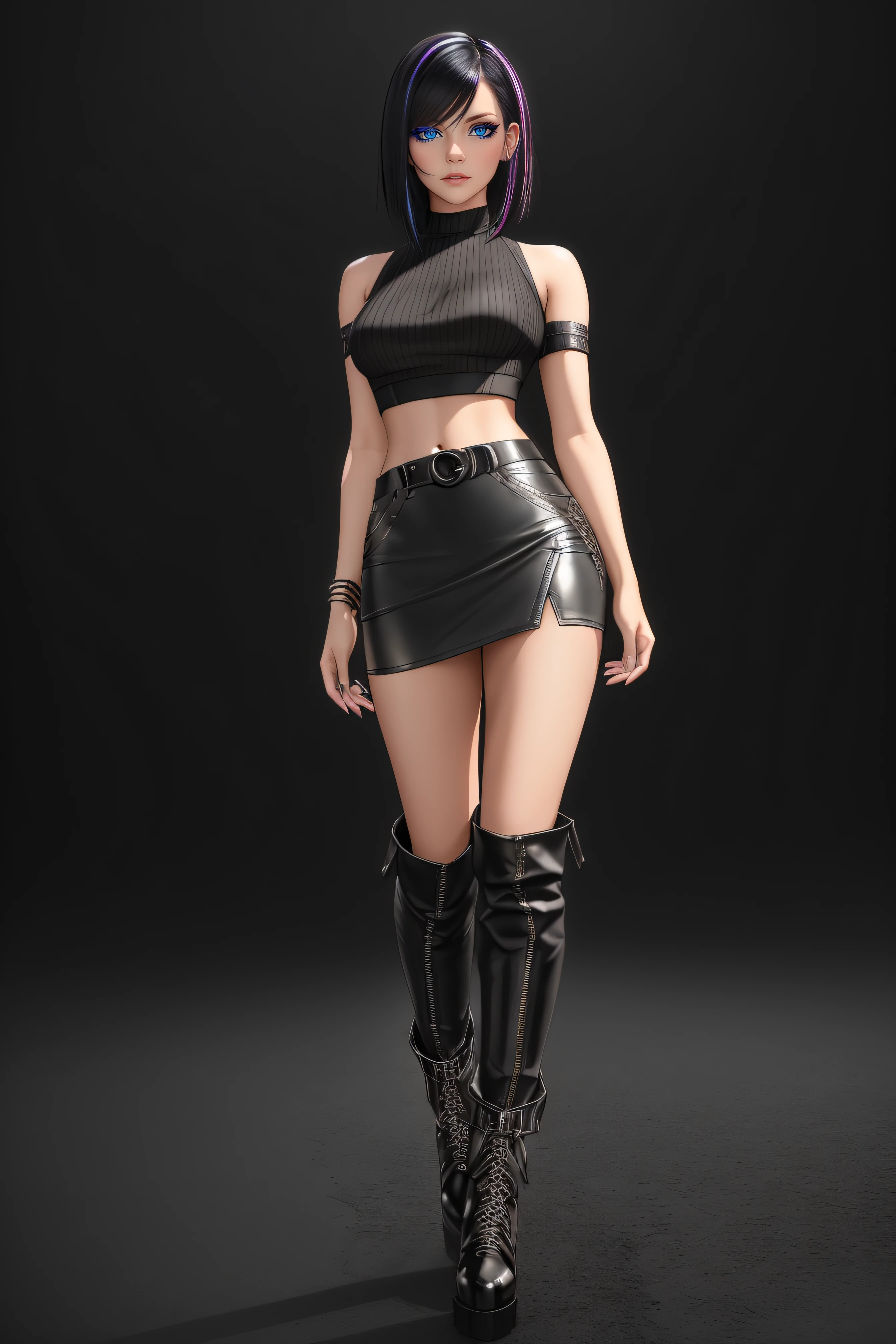 beautiful girl, ((standing:1.4)), (confident gaze:1.1), full body, short bright neon streaked black hair, ((realistic highly detailed eyes:1.4)), ((seductive pose:1.2)), black eyeshadow, (street style wear:1.2), ((tight fitted skirt)), ((knee high leather boots)), (dark city night black background:1.4), dark makeup, digital art, trending on artstation, highly detailed, fine detail, intricate, detailed facial features, sharp focus, smooth, aesthetic,