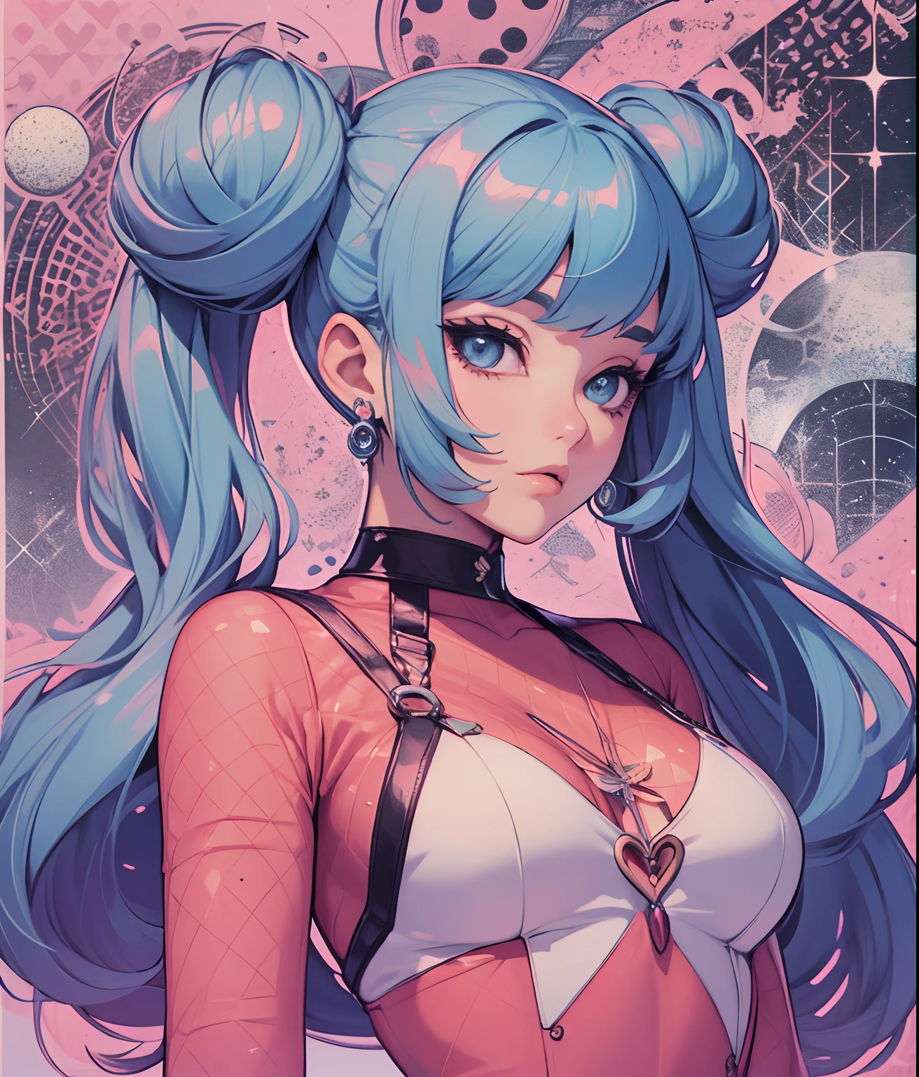 ​(risograph) simple background, tetas grandes, piernas abiertas, escote, aausagi, double bun, twintails, parted bangs, circlet, jewelry, earrings, choker, Cum en el cuerpo, upper body, ((sequin clothes)), minimalistic background