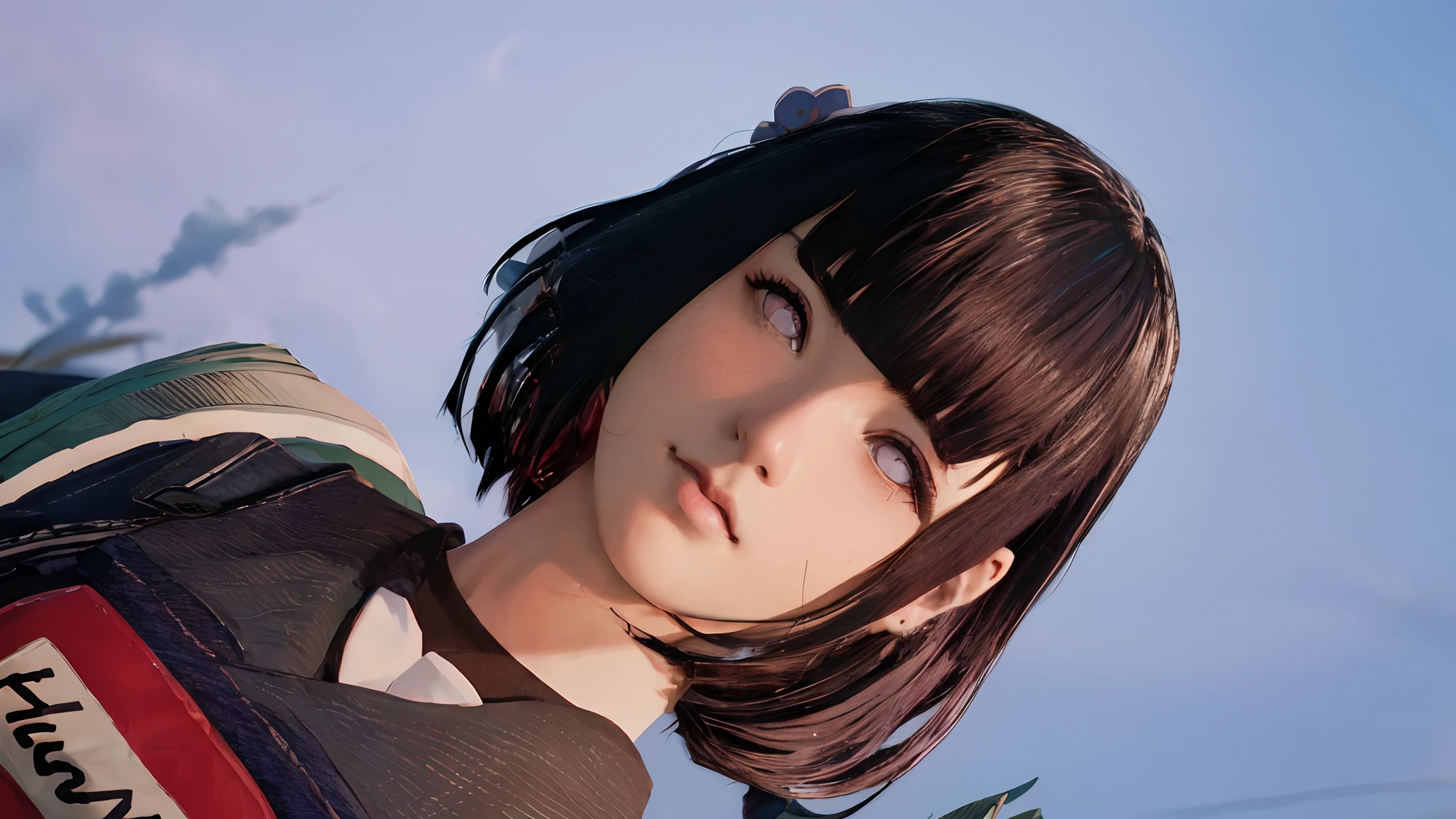 masterpiece, hinata\(boruto\), 1girl, solo, young female, ((((high school uniform)))), (high School), outdoors, looking at viewer, cloudy sky, perfect composition, detailed lips, school building, big breast, beautiful face, body propotion, blush, (pink lips), ((long hair)), purple eyes, soft gaze, sad smile, super realistic, detailed, photoshoot, realistic face and body, realistic hair, realistic eyes, realistic nose, realistic lips, (((dark blue hair))), 19 years old girl, flowing skirt