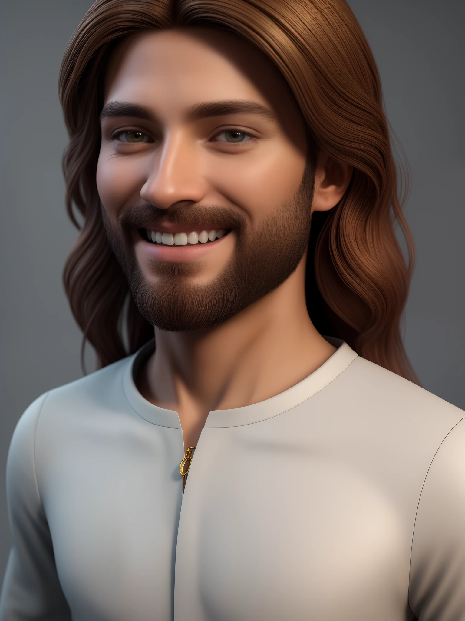 (highres)A close-up portrait of a 3D animated Jesus character, with a smiling expression. The character is wearing clothing from the biblical era and is depicted in a full-body pose. The artwork is created using vivid colors and intense lighting, emphasizing the details and textures of the character. The overall style is a combination of traditional animation and modern 3D rendering techniques. The color palette is warm and earthy, with golden accents. The lighting creates a soft and ethereal glow, emphasizing the character's divine qualities. The artwork is of the highest quality, with ultra-detailed features and realistic proportions. The scene is set against a peaceful background, with a serene landscape and subtle hints of religious symbols. The attention to detail is immaculate, capturing even the smallest aspects of the character's features, such as expressive eyes, a well-defined nose, and beautifully rendered lips. The artwork evokes a sense of awe and reverence, showcasing the character's kind and compassionate nature through the delicate facial expressions and a gentle smile. This masterpiece illustration transports the viewer to a timeless world, where faith and humanity intertwine.