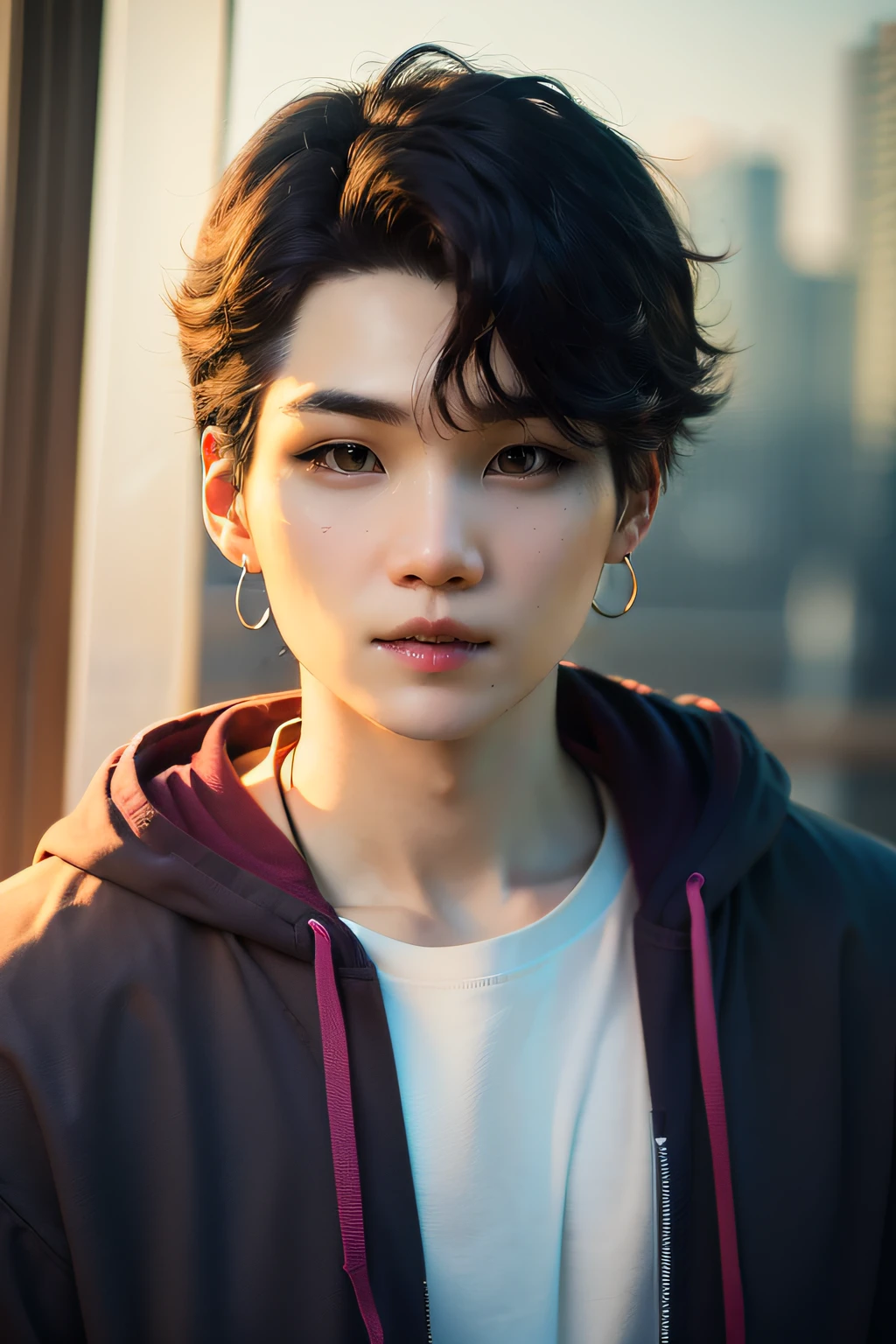 (((Suga))) (Best quality,Ultra-detailed,Realistic:1.37),half-body portrait, oriental male, dressed in casual attire，Hooded sweatshirt