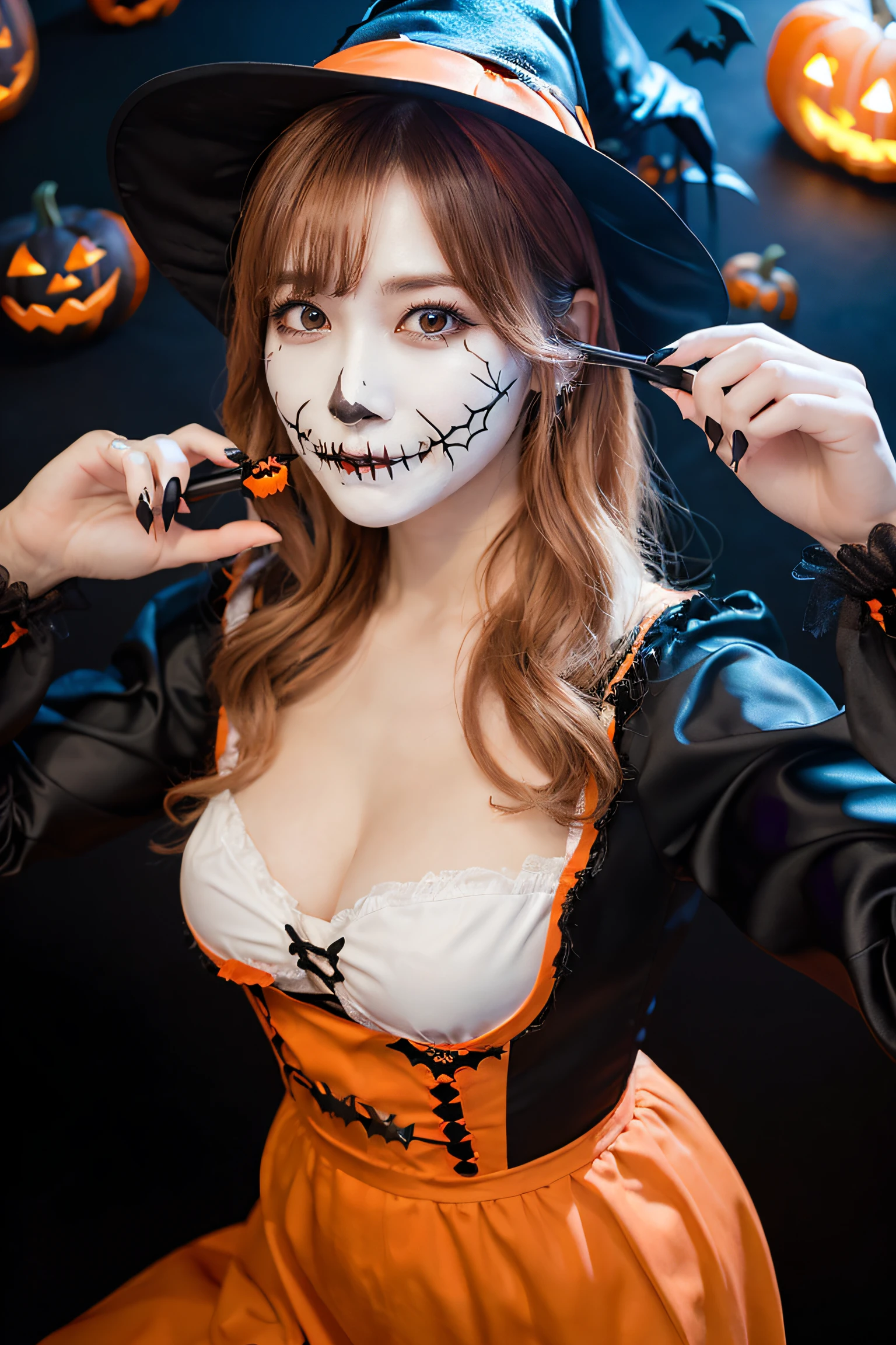 (Halloween theme:1.5), (fantasy:1.5), upper body portrait of a tall beautiful women wearing halloween witch costume, skin tight full lacy ultra detailed embroidery Dirndl, (fusion of orange Dirndl and aodai:1.2), (Hood), BREAK, ((;D1.3, evil smile:1.2)), perfect face,perfect eyes,HD details,high details,sharp focus,studio photo,HD makeup,shimmery makeup,celebrity makeup,(( centered image)) (HD render)Studio portrait,magic, magical, fantasy,halloween house, jack-o' challenge, pink hair, halloween background, bright pumpkin, (arms down),(arms behind),