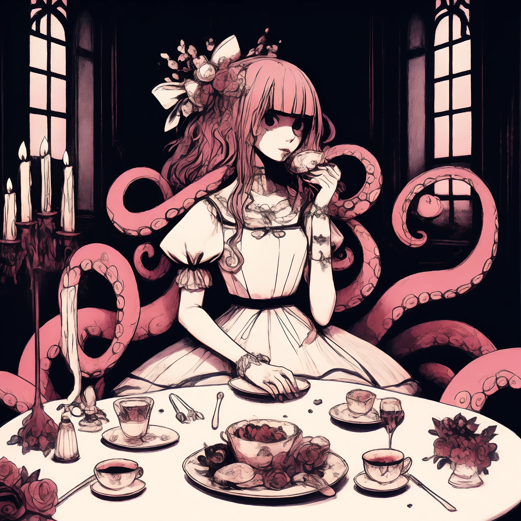 Tentacle Girl. dress with ruffles. tea party. Inside a dark mansion. Teacup in hand. candle. Rose flowers on a plate.