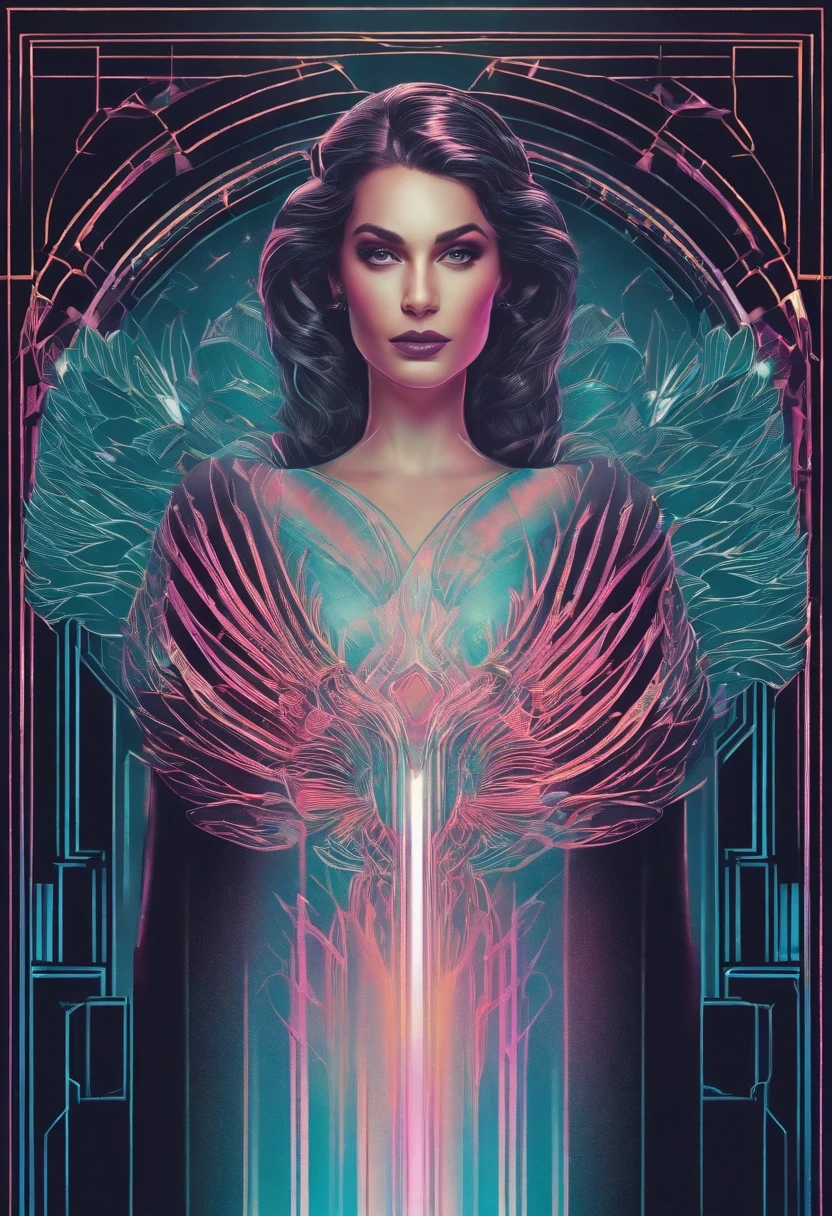 /imagine prompt: Elemental Guardian, art deco, line art, iridescent, transcendence, synthwave:: t-shirt vector, center composition graphic design, plain background::2 mockup::-2 --upbeta --ar 1:1