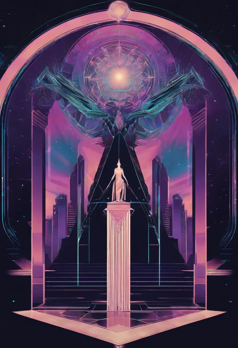 /imagine prompt: Elemental Guardian, art deco, line art, iridescent, transcendence, synthwave:: t-shirt vector, center composition graphic design, plain background::2 mockup::-2 --upbeta --ar 1:1