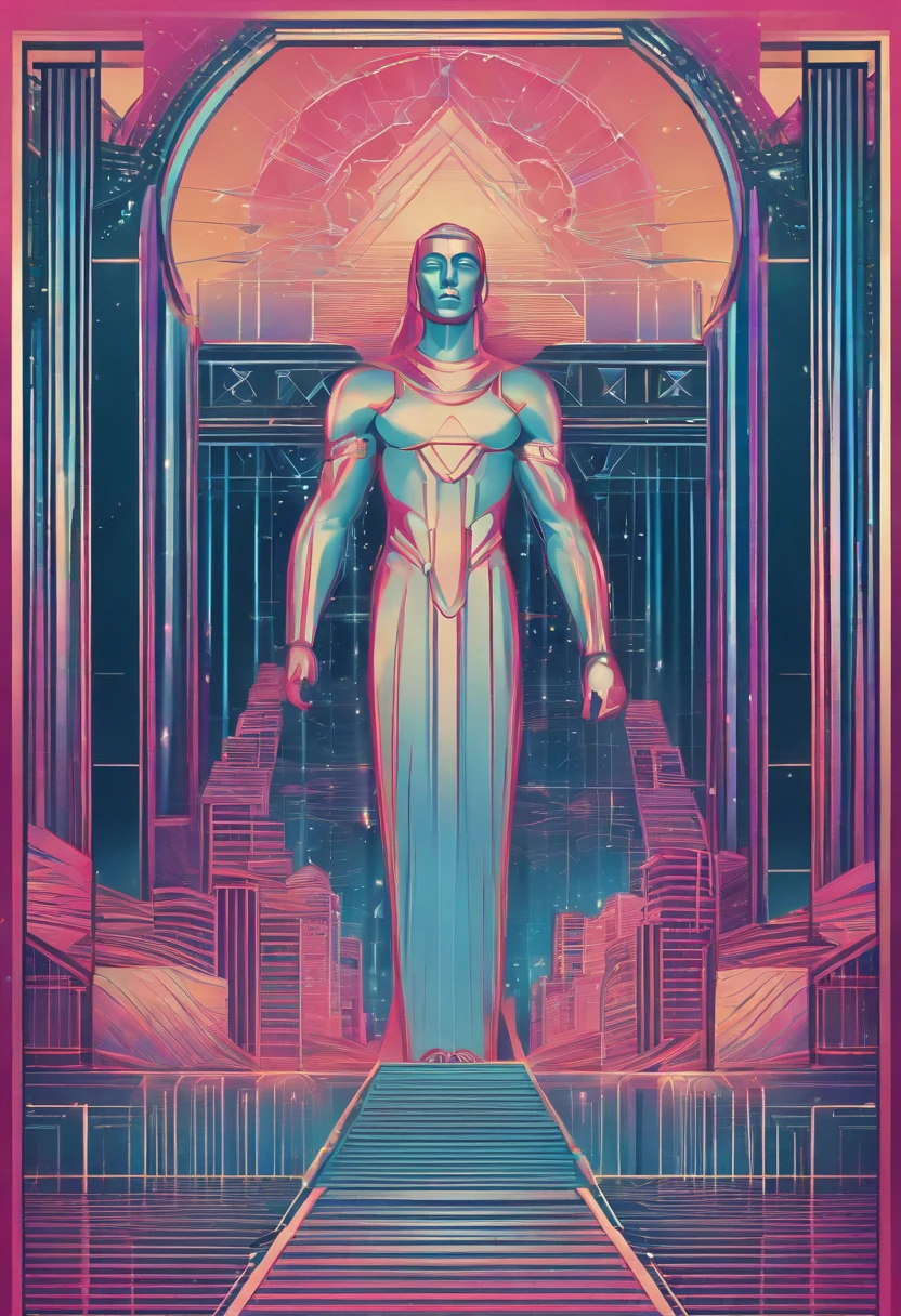 /imagine prompt: Elemental Guardian, art deco, line art, iridescent, transcendence, synthwave:: t-shirt vector, center composition graphic design, plain background::2 mockup::-2 --upbeta --ar 1:1
