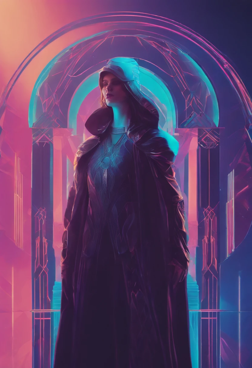 /imagine prompt: Elemental Guardian, art deco, line art, iridescent, transcendence, synthwave:: t-shirt vector, center composition graphic design, plain background::2 mockup::-2 --upbeta --ar 1:1