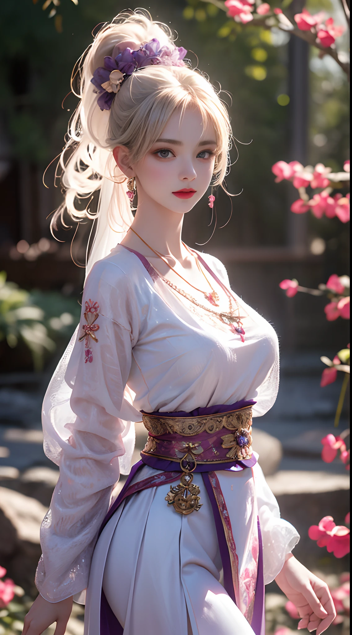 1 beautiful girl in Han costume, white thin purple silk shirt with a lot of texture, white lace top, long purple platinum ponytail, Hair Jewelry, ear jewelry, necklaces and necklaces, carefully drawn big purple eyes, makeup careful, thin eyebrows, high nose, beautiful red lips, no smile, pursed lips, rosy cheeks, plump breasts, big breasts, proportional breasts, slim waist, purple fishnet socks, chinese hanfu style, fictional art texture, colorful bright and realistic, RAW Photo, Realistic Photo, ultra high quality 8k surreal photo, (effective fantasy light effect: 1.8), 10x pixels, magical effect (Background): 1.8), ultradetailed eyes, close up shot, dynamic pose, leaning forward