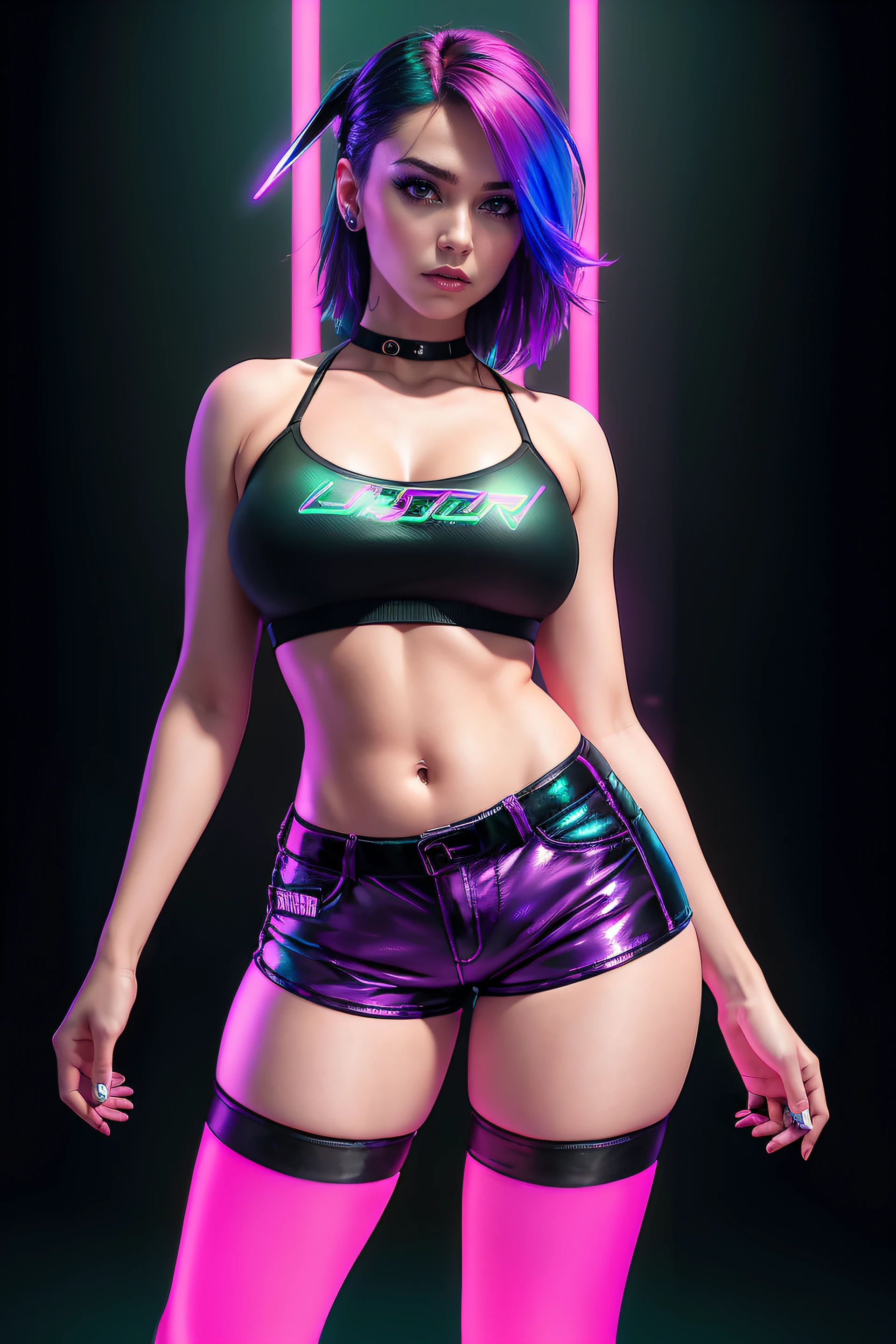 there is a woman standing with a rainbow light, 3 d neon art of a womans body, neon-noir background, cyberpunk femme fatale, seductive cyberpunk dark fantasy, ((tight shorts:1.4)), cyberpunk strip clubs, cyberpunk 20 y. o model girl, oppai cyberpunk, banner, high definition cgsociety, cgsociety masterpiece, trending on cgstation, kda
