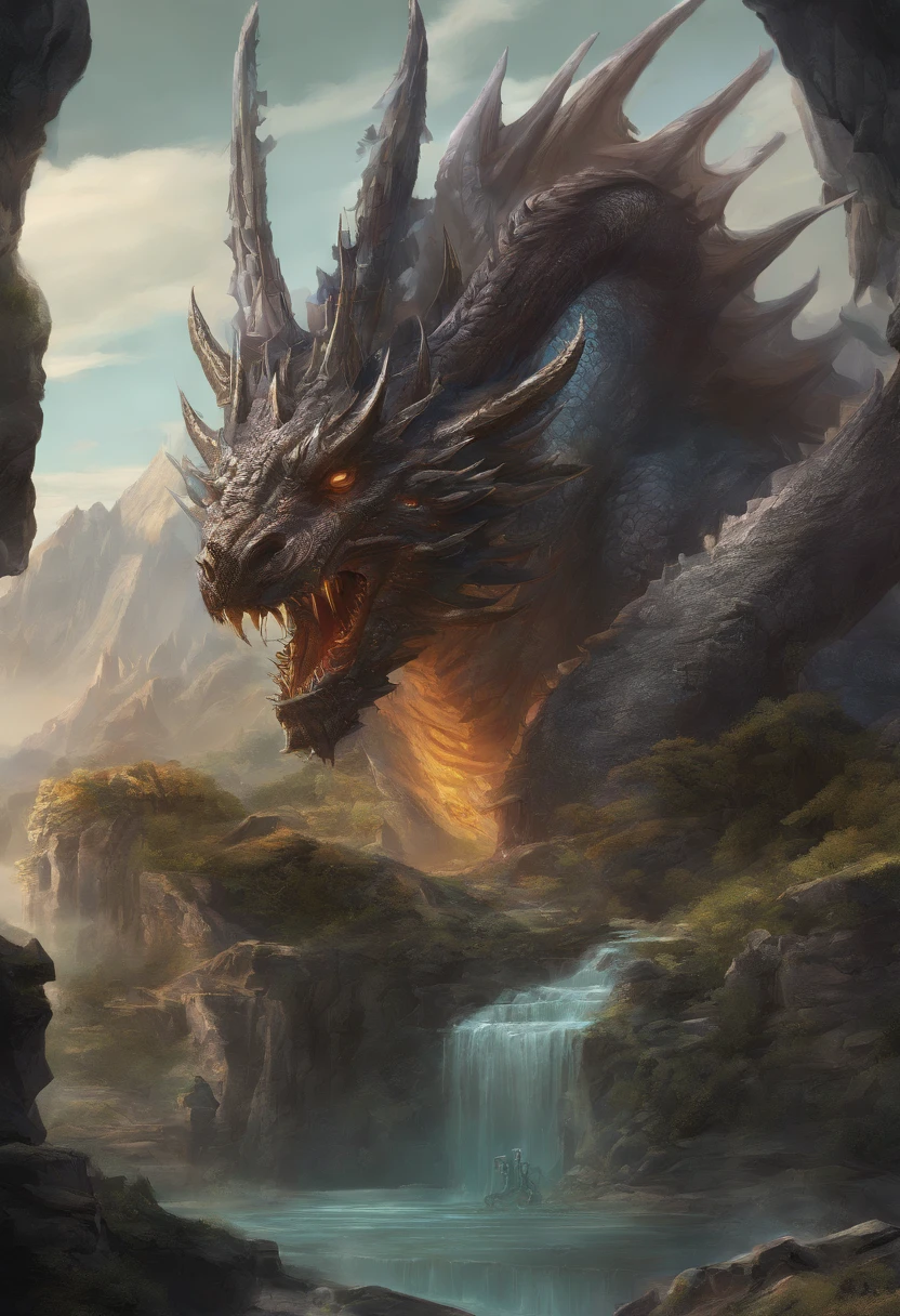 There is a big dragon with a huge head and a huge body, epic fantasy card game art, highly detailed fantasy art, detailed digital 2d fantasy art, epic fantasy artwork, detailed fantasy art, epic fantasty card game art, Dungeons&Dragons Fantasy Art, hyperrealistic d & d fantasy art, symmetrical spectacular fantasy art, cyborg dragon portrait
