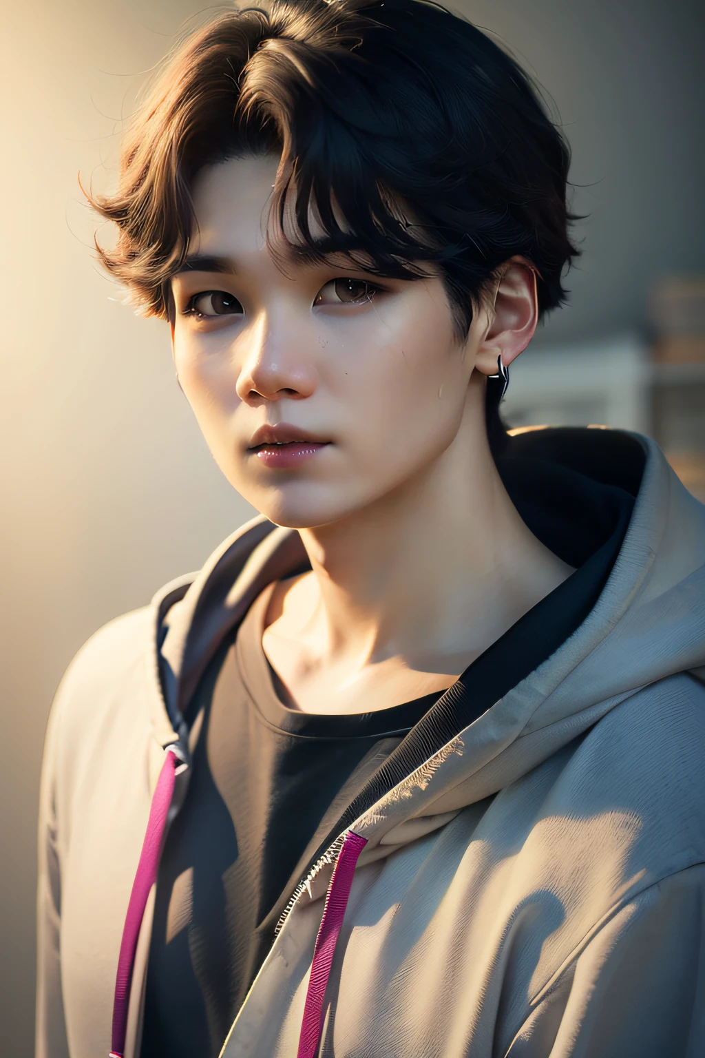 (((Suga))) (Best quality,Ultra-detailed,Realistic:1.37),half-body portrait, oriental male, dressed in casual attire，Hooded sweatshirt