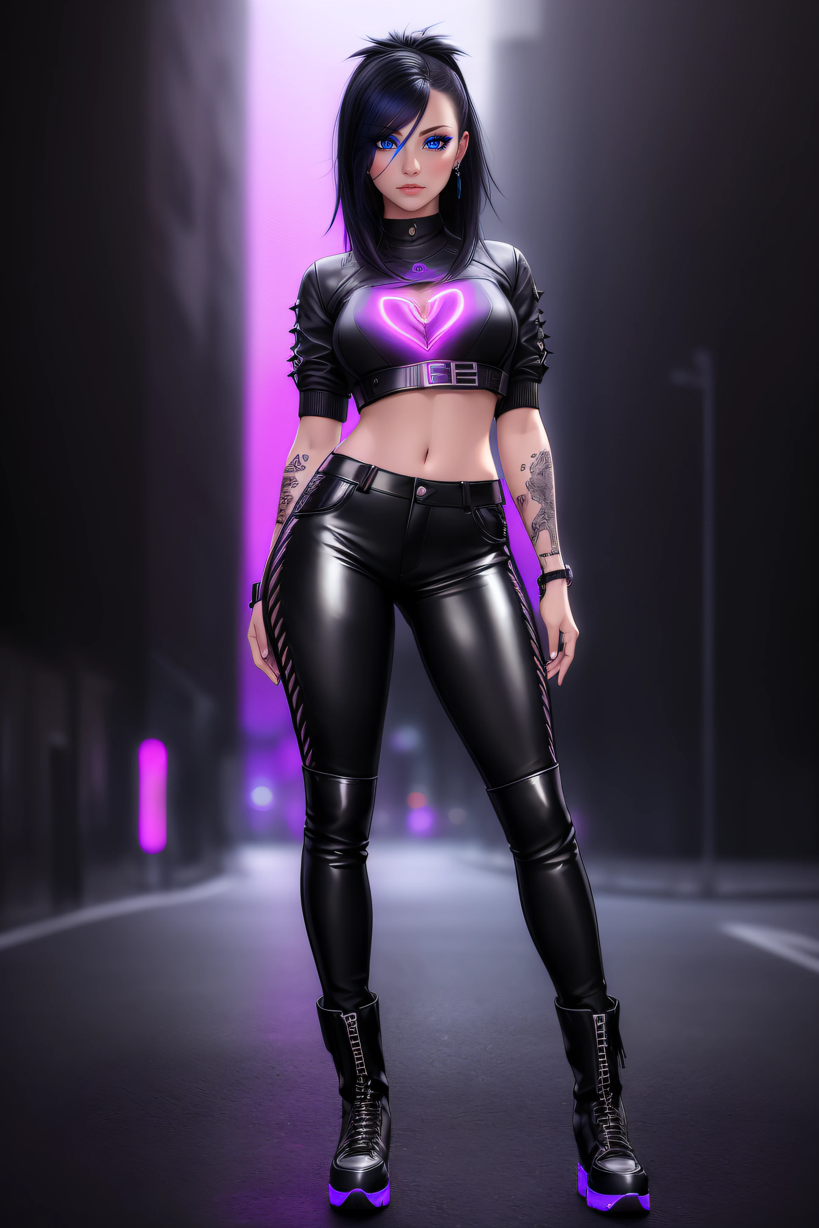 A woman in a black outfit and purple light standing on a street - SeaArt AI