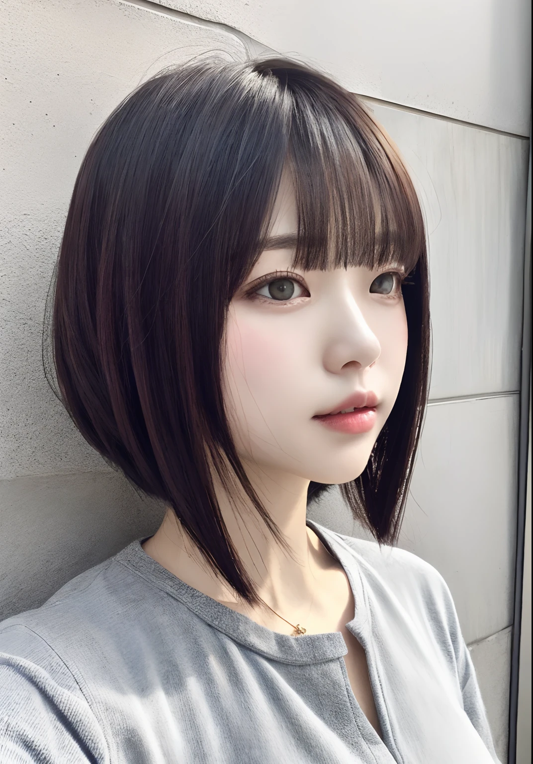 1人、A dark-haired、Pattsun bangs、bob cut hair、Concrete walls and floors、Transcendental tranquility、depth of fields、Absurdres、hdr、Super detailed illustration、extra detailed face、RAW Photography、film grains、Deviantart Trends、
