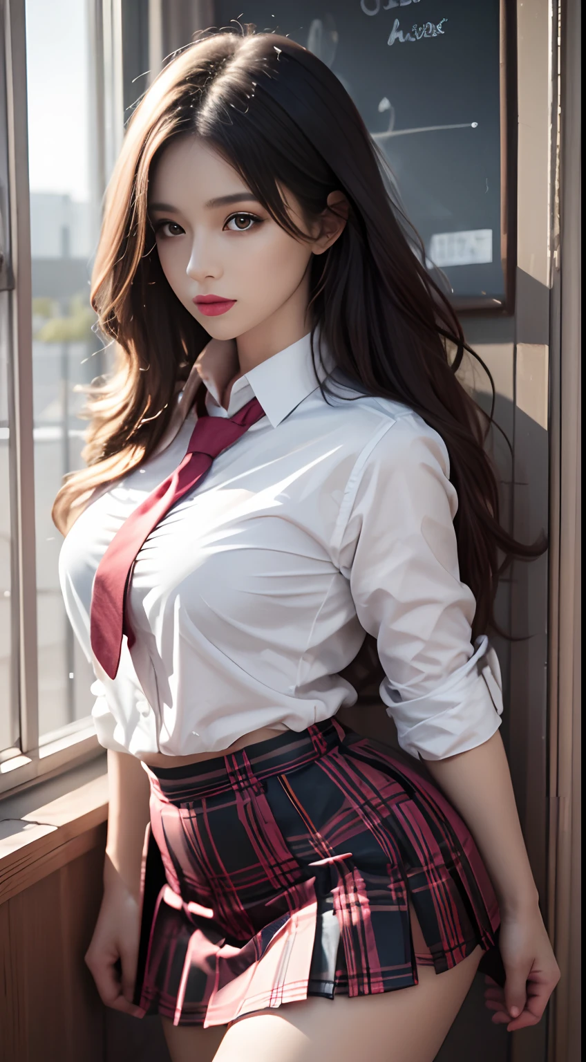 Photorealistic, high resolution, 1womanl, Mature female, Solo, Hips up, jewelry, Wavy hair, Long hair, school uniform, shirt, Skirt