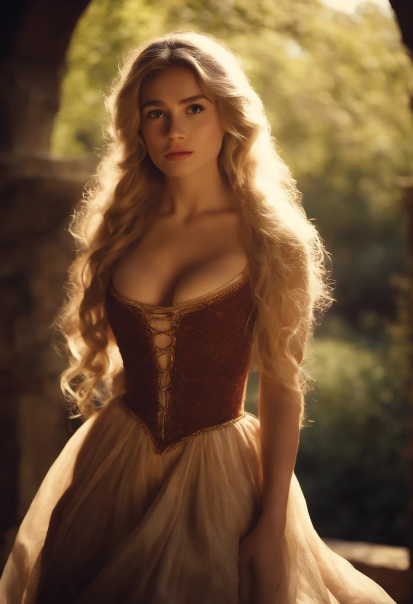 Whole body portrait、”tangled” rapunzel  age16, maximum cleavage, breasts overflowing peeking out over her clothes,  touching herself sensually  ,  lips, seductive, lusting, teasing