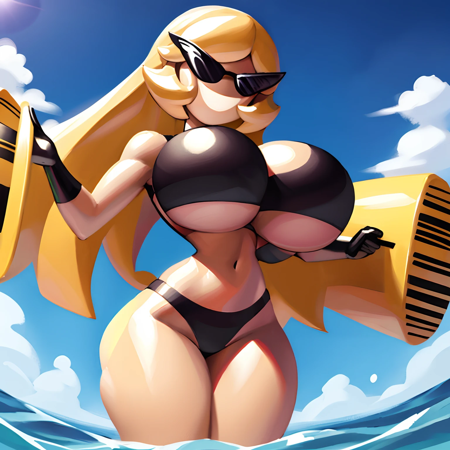 sunnymiamitf, huge breasts, narrow waist, wide hips, Sunglasses, teeth, curly hair, blonde hair, long hair, parted bangs, black bikini, string bikini, 1girl, solo