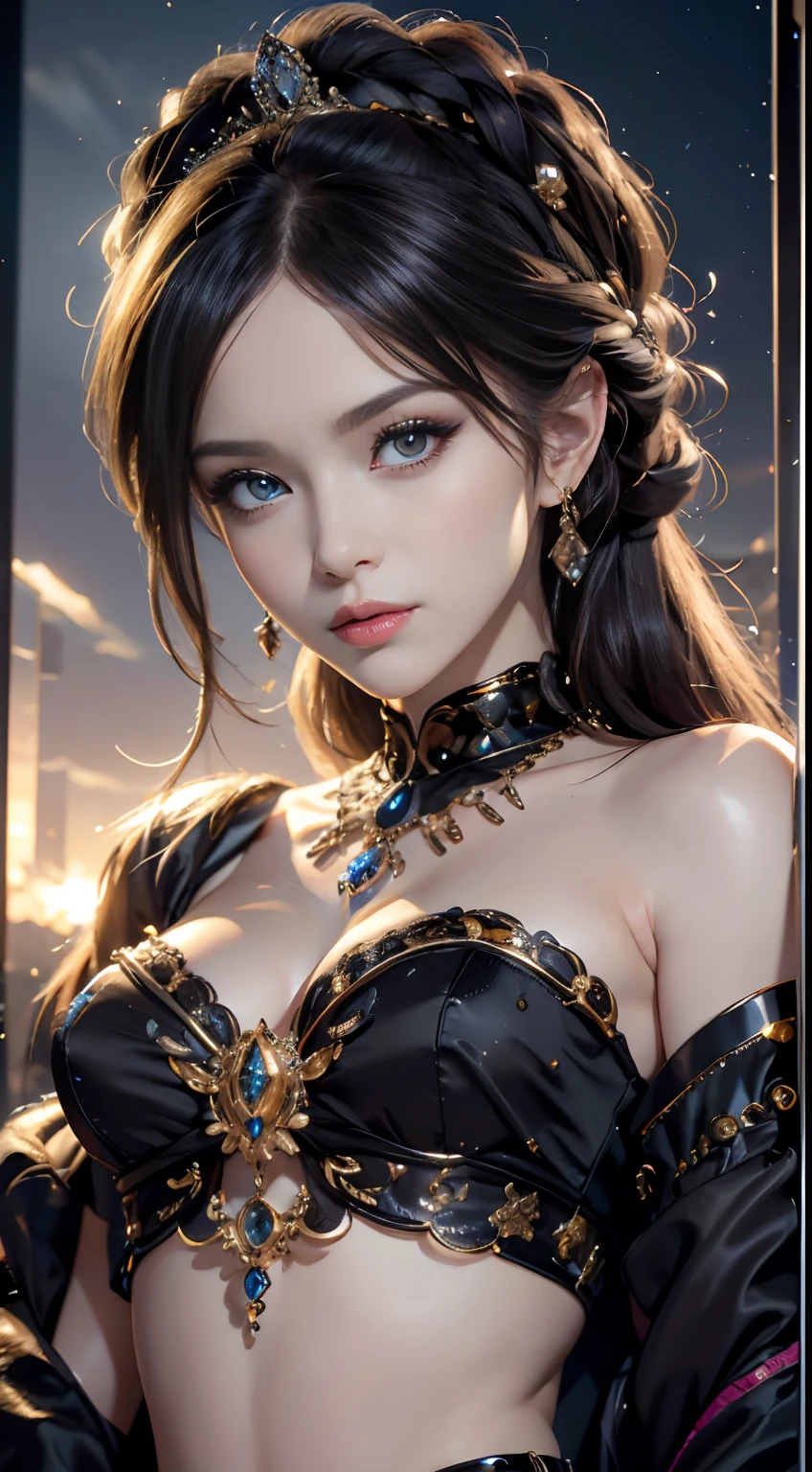 tmasterpiece,Highest image quality,Beautiful bust of a royal lady,Delicate black hairstyle,Amber eyes are clear,Embellished with a dazzling array of intricate jewelry,super detailing,upscaled。