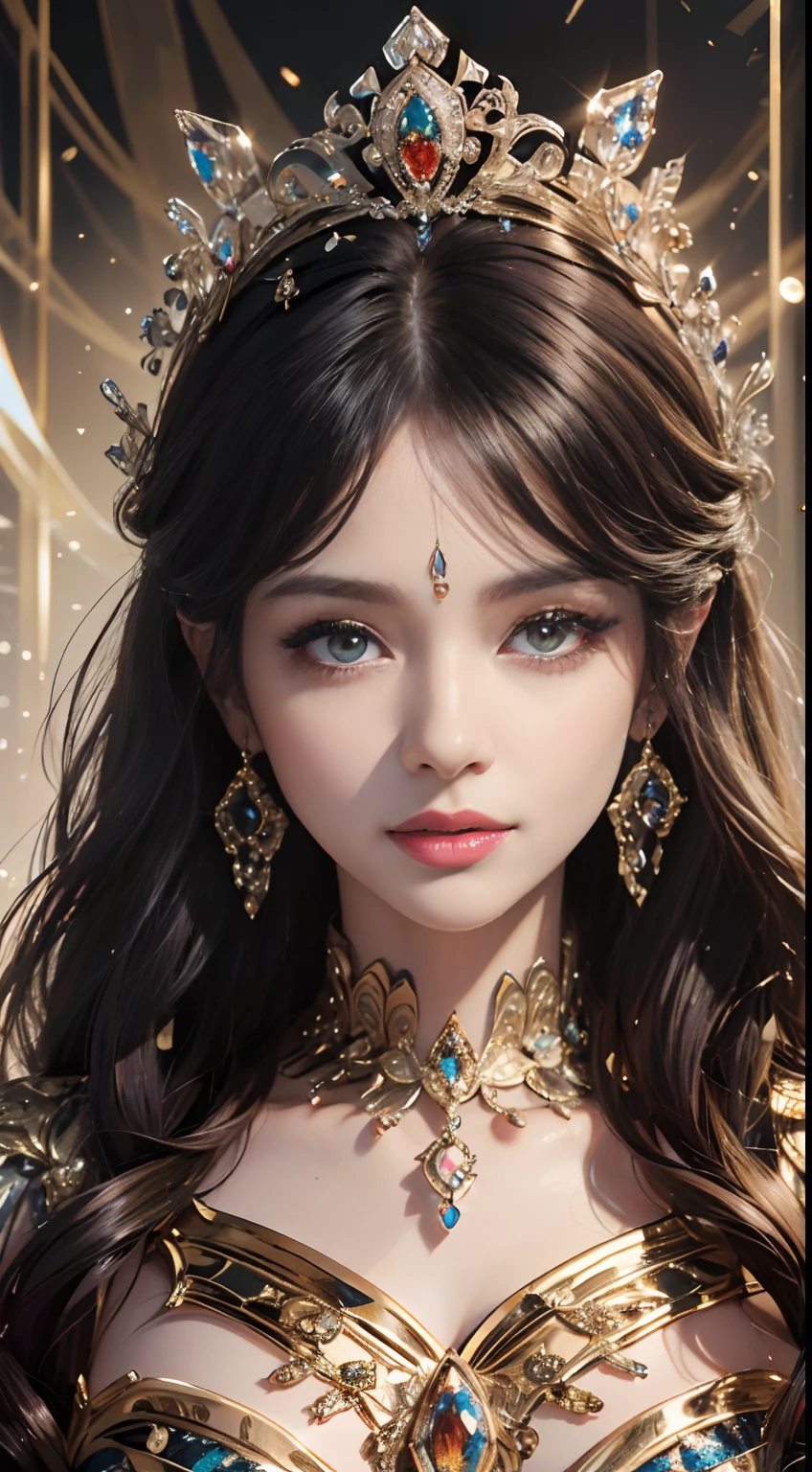 tmasterpiece，Highest image quality，Beautiful bust of a royal lady，Delicate black hairstyle，Amber eyes are clear，Embellished with a dazzling array of intricate jewelry，super detailing，upscaled。