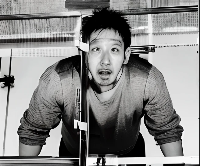 35 years old man, black hair, scared face, sweat