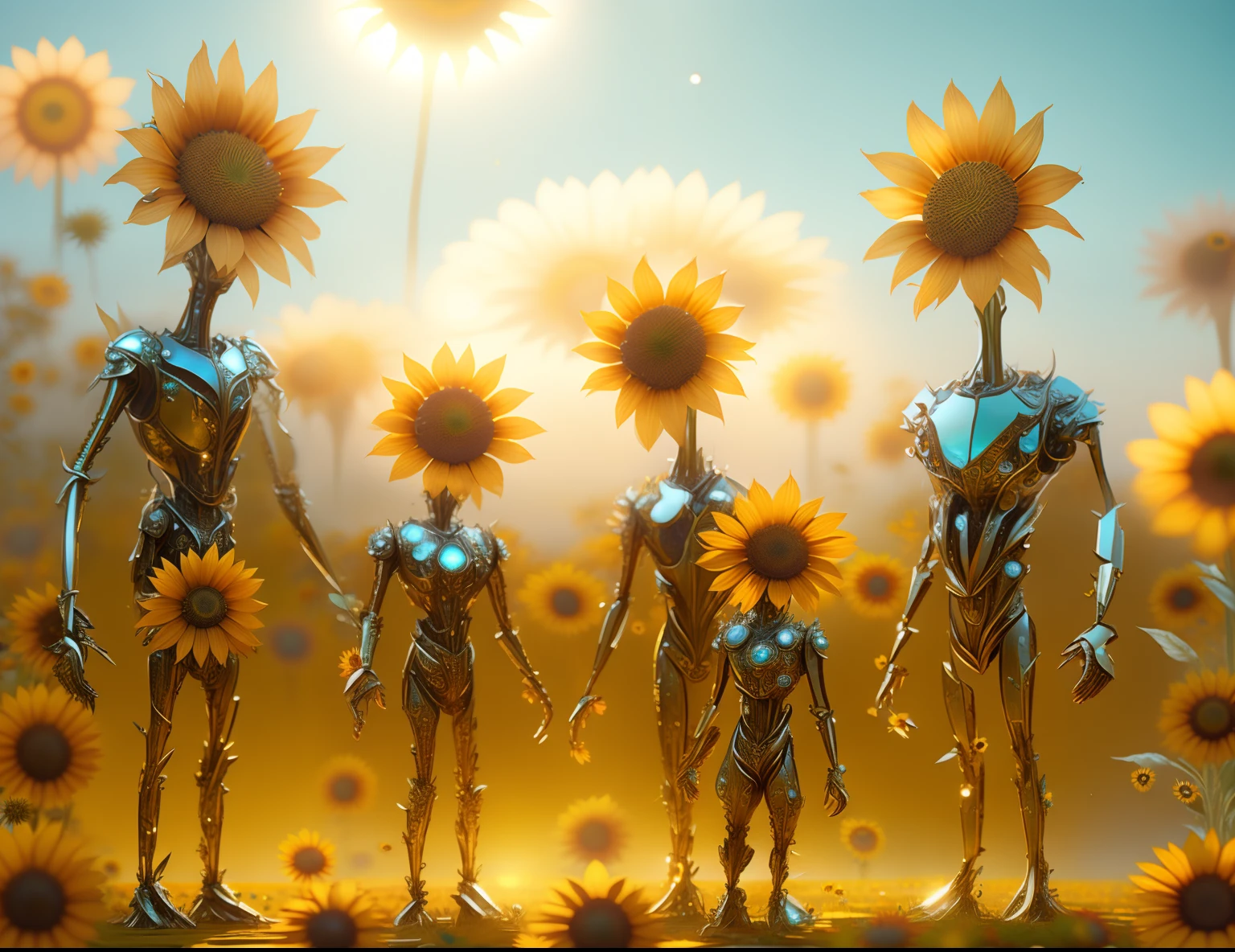 arafed image of a group of people with sunflowers on their heads, humanoids overgrown with flowers, many mech flowers, alien flowers, surreal metal sculpture, many mechflowers, flowers grow from the body, by jeonseok lee, sunflowers, inspired by Igor Morski, mutated flowers, depicted as a 3 d render, crystallic sunflowers