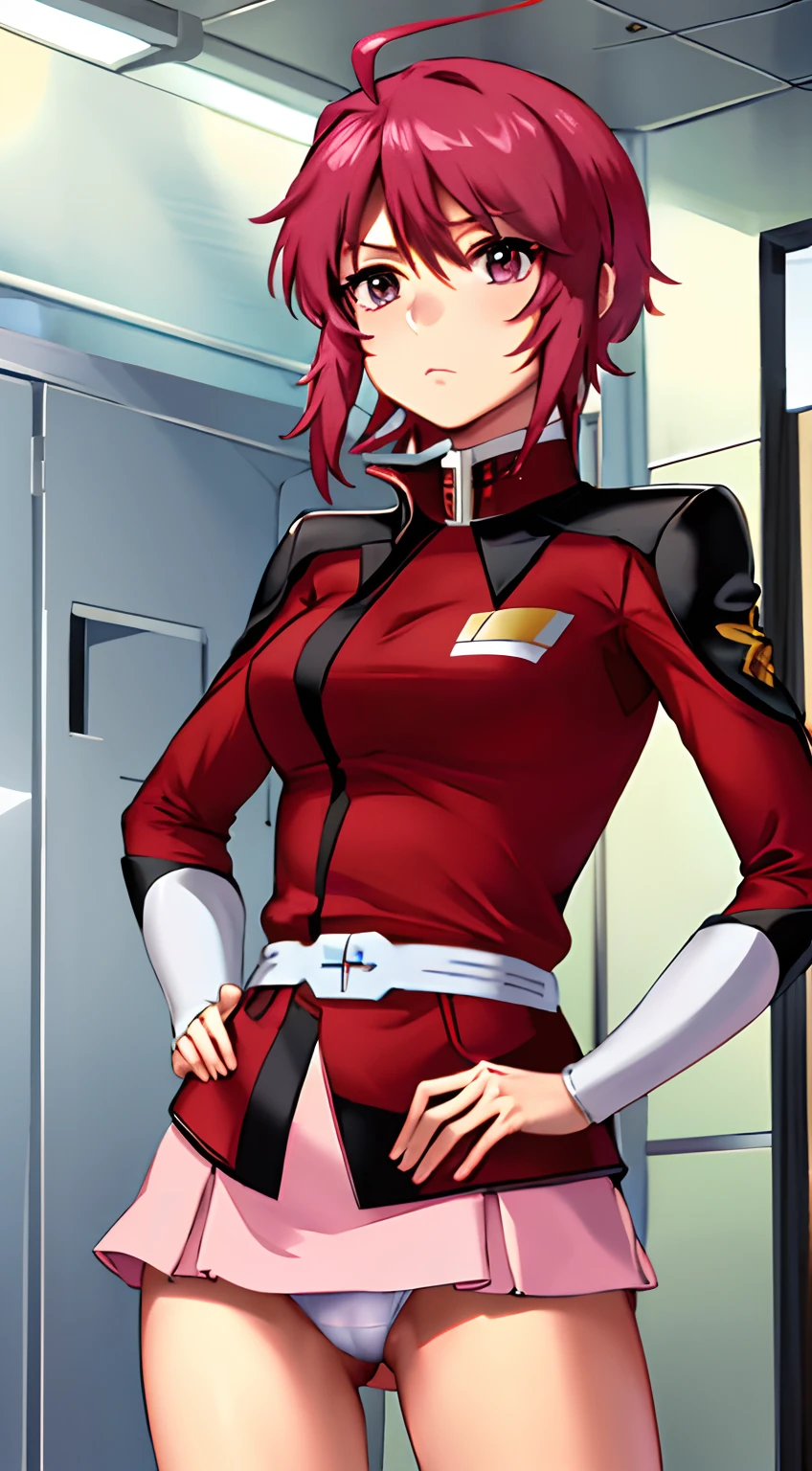 Real Images、masterpiece, top-quality, hight resolution,Lunamaria Hawke、a miniskirt、Pink super mini skirt、 1girl in, white panties、camel's toe、独奏, shorth hair, Ahoge, red hairs, a purple eye, purple color hair, ZAFT Uniforms、Red ZAFT Uniform, , cowboy shot, is standing, spaceships, Indoors, saluting, Put your left hand on your hip,