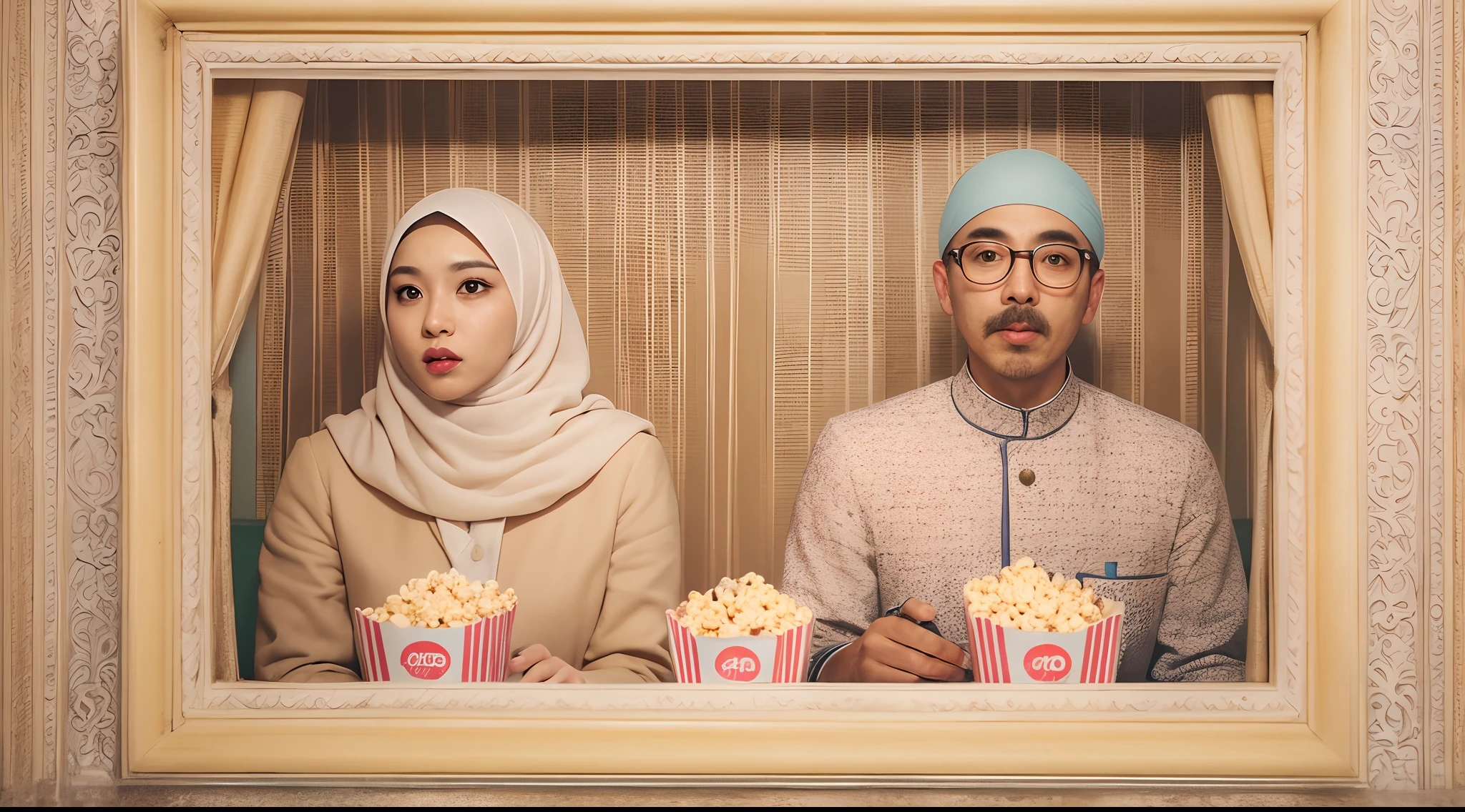 Quirky scene | Symmetrical framing | Nostalgia | Vintage cinema | 1 Malay girl in hijab and 1 malay man as a couple eating popcorn and surprised with mouth opened | Cinema front view | Pastel colors | in the style of Grand Budapest Hotel directed by Wes Anderson , 50mm lense, handheld shot camera angle, High Contrast cinematography effect, Natural Lighting, vibrant color grading, high quality, ultra detail, 8k resolution,