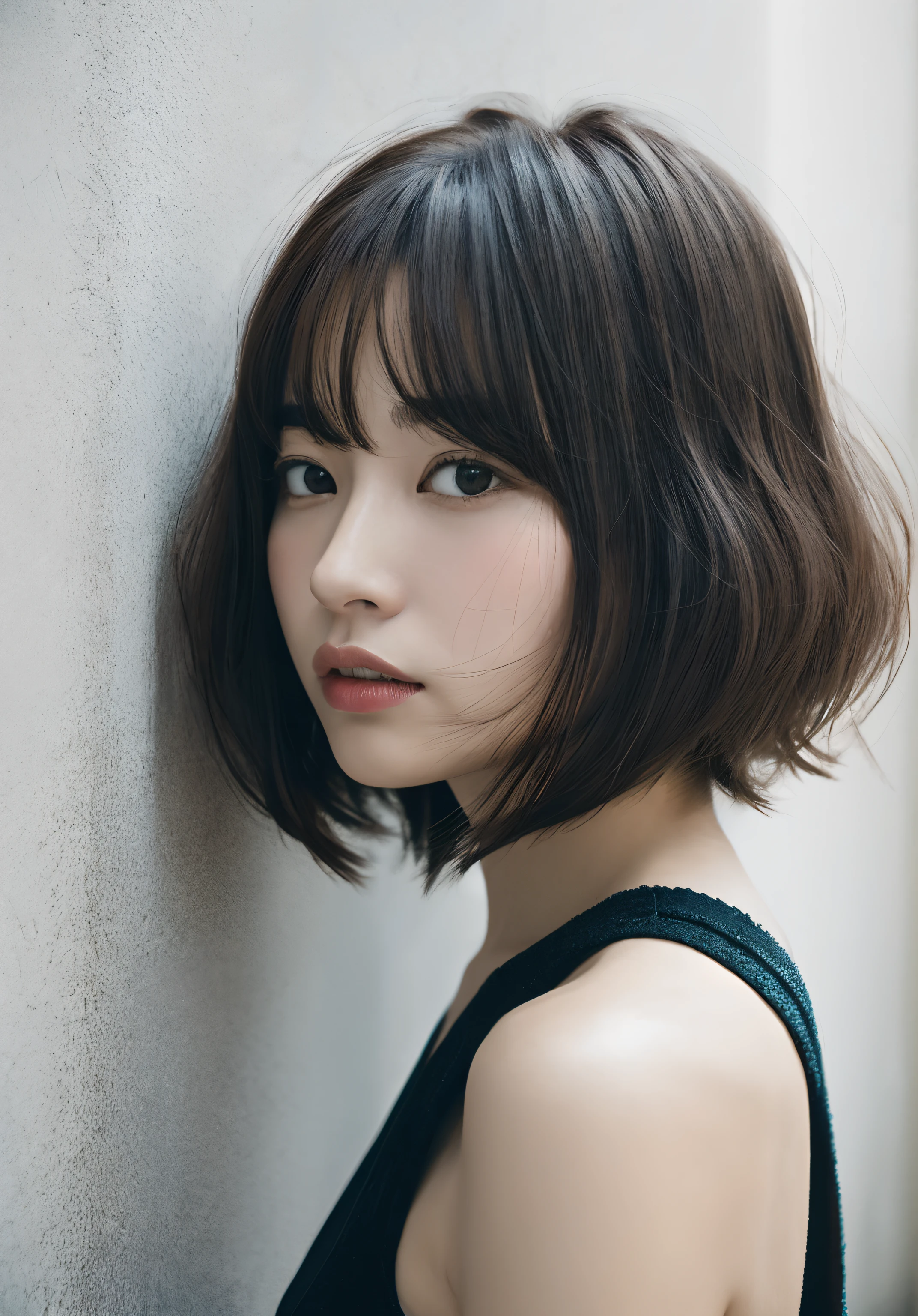 (top-quality、16K resolution)1 girl、solo、natural soft light、、A Japanese Lady、Looking at the camera、Long sleeve white T-shirt、Concrete background、Facing the front、is standing、bobhair、Woman in her late s、Light bangs、short-hair、Salon model、Natural look、portlate、floated hair、Rolled hair