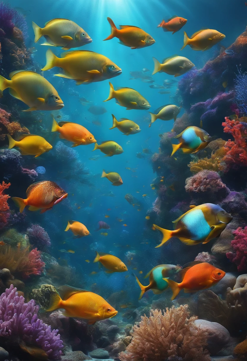 deep oean, with lot of colourfull fishes in baground, sea horce facing us with happy face