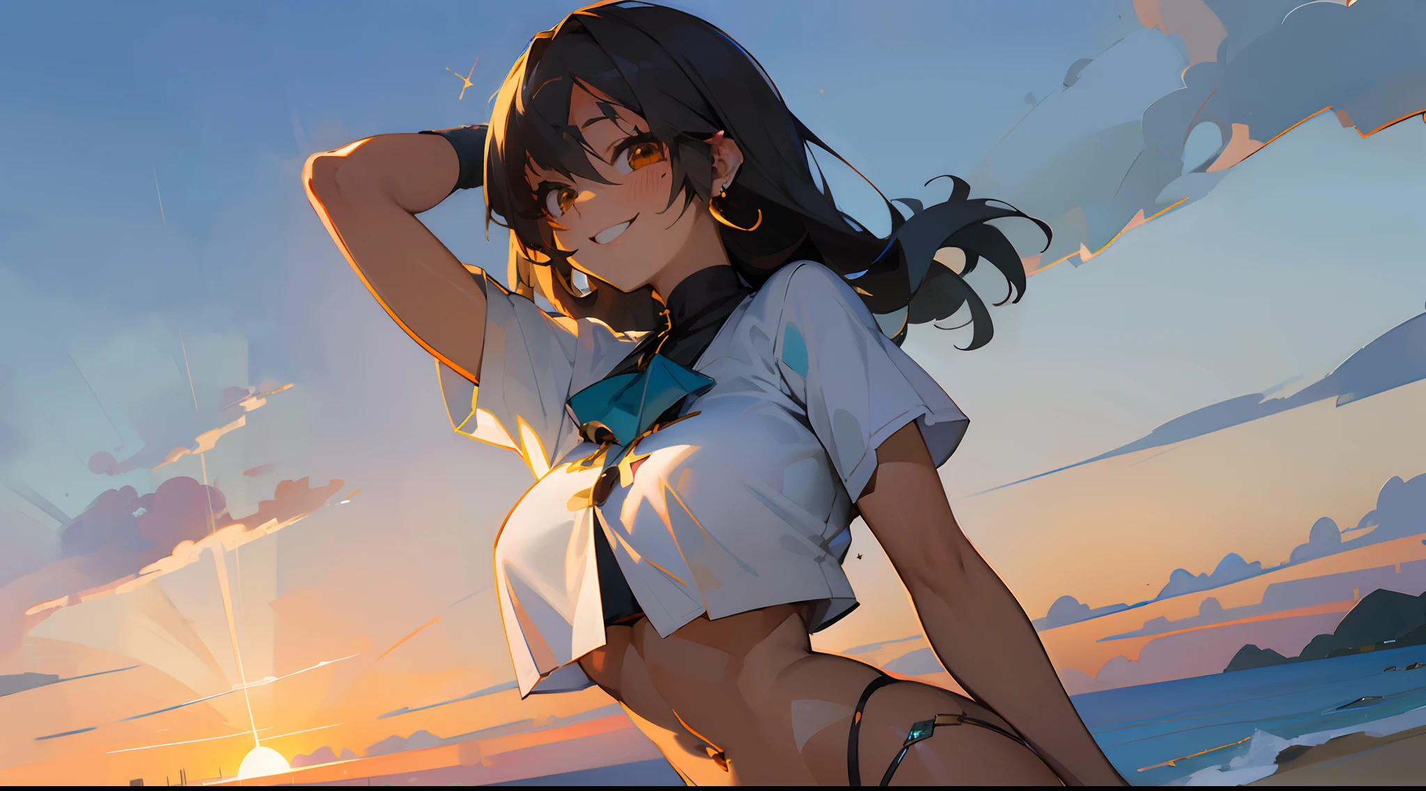High school tsuna smile with a climax face、Beautiful sunset