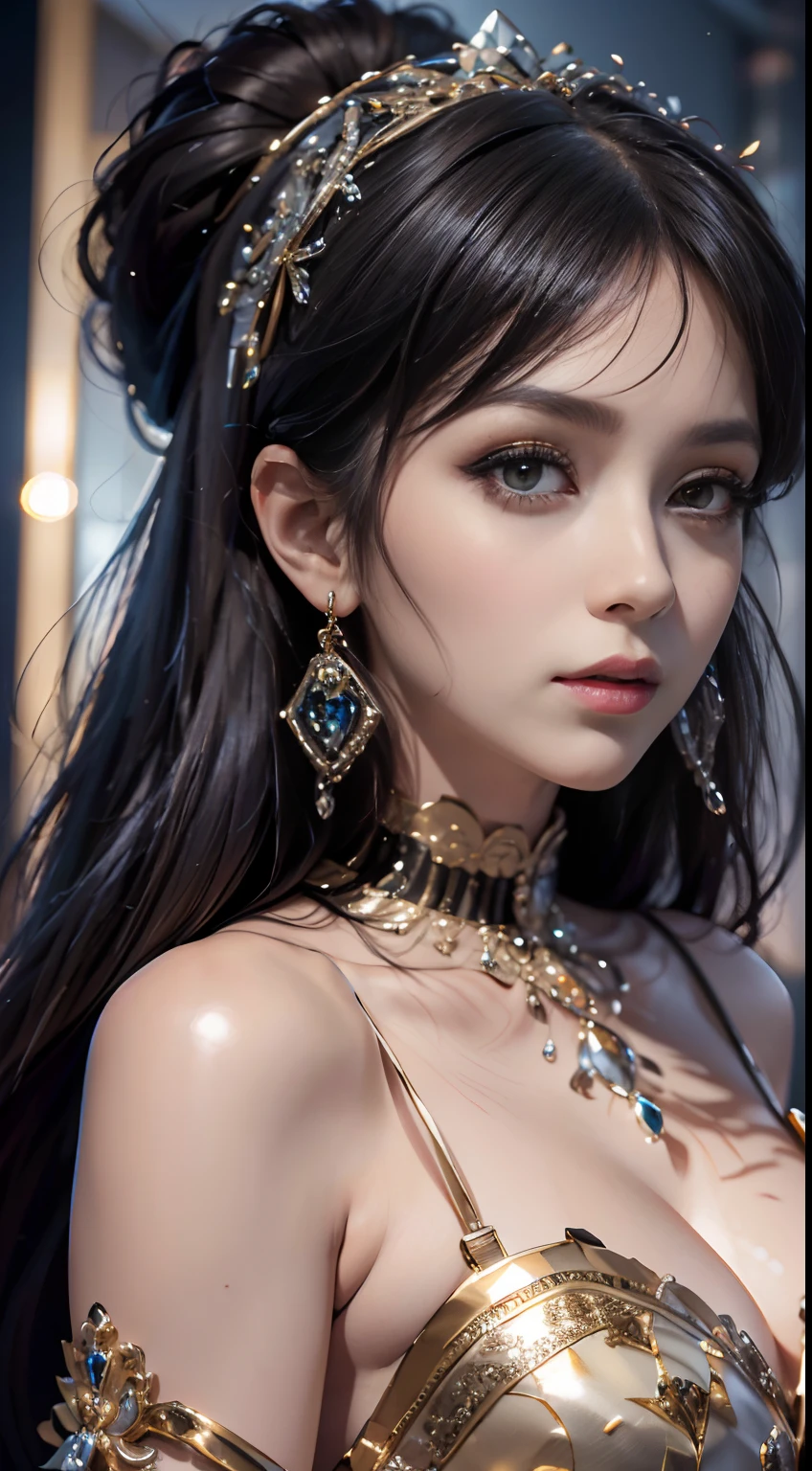 tmasterpiece，Highest image quality，Beautiful bust of a royal lady，Delicate black hairstyle，Amber eyes are clear，Embellished with a dazzling array of intricate jewelry，super detailing，upscaled。