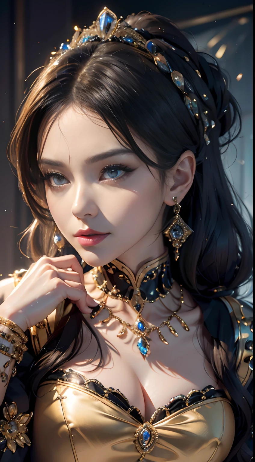 tmasterpiece,Highest image quality,Beautiful bust of a royal lady,Delicate black hairstyle,Amber eyes are clear,Embellished with a dazzling array of intricate jewelry,super detailing,upscaled。