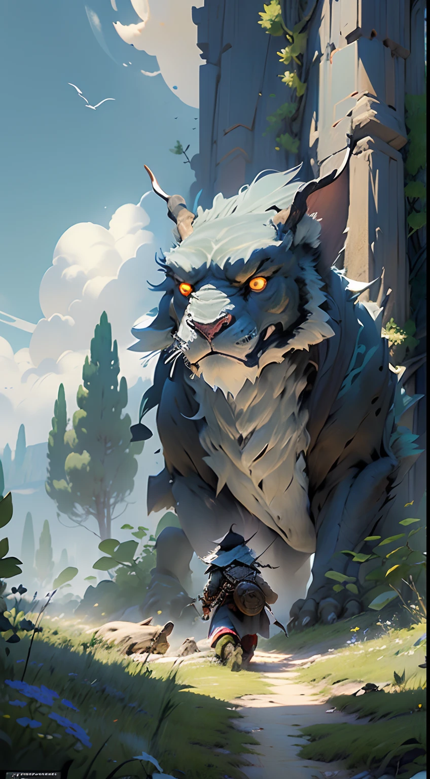 Masterpiece,hight resolution,Very realistic,winning artwork,Majestic steppe,Deep in the first stage of the game,The shade of the meadow where the boss lurks,There are a lot of winged monsters,A brave man draws his sword and fights