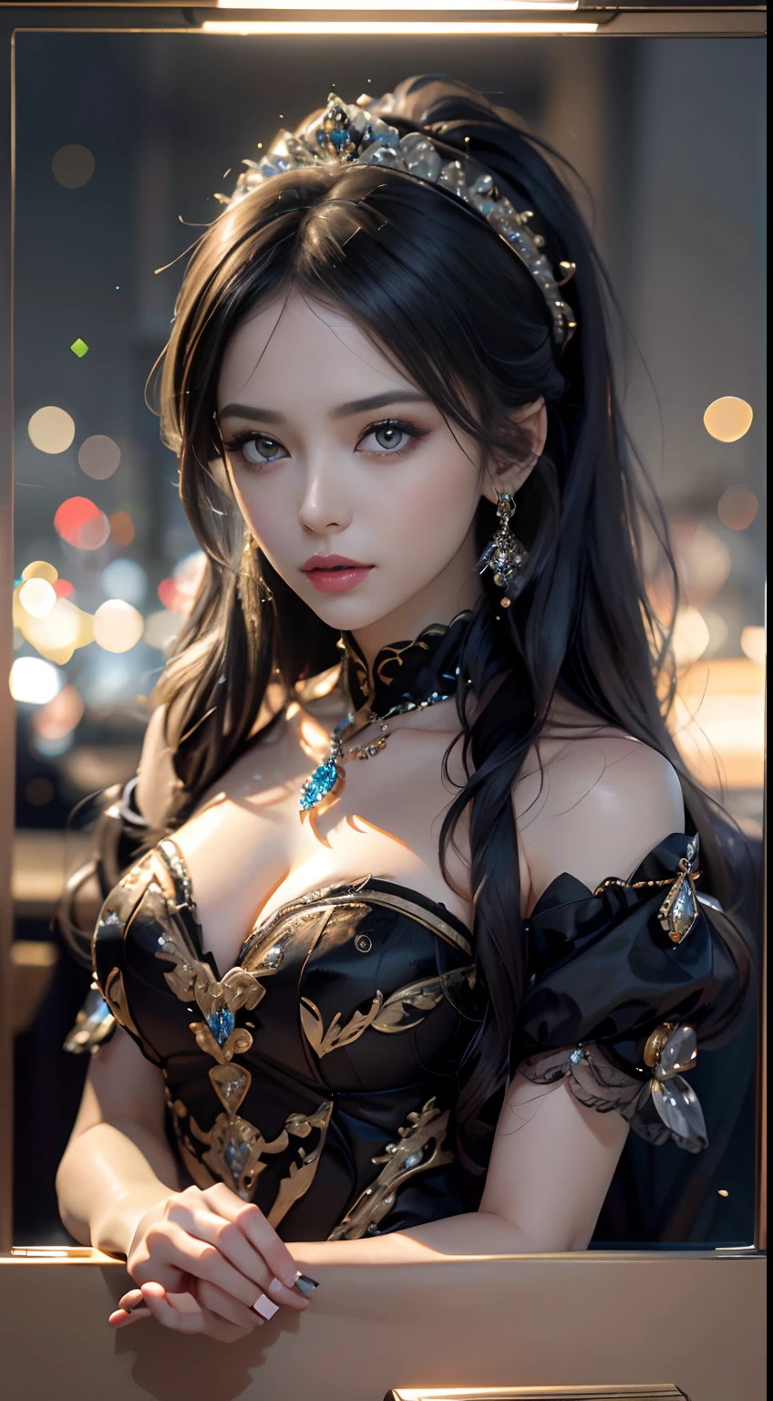 tmasterpiece,Highest image quality,Beautiful bust of a royal lady,Delicate black hairstyle,Amber eyes are clear,Embellished with a dazzling array of intricate jewelry,super detailing,upscaled。