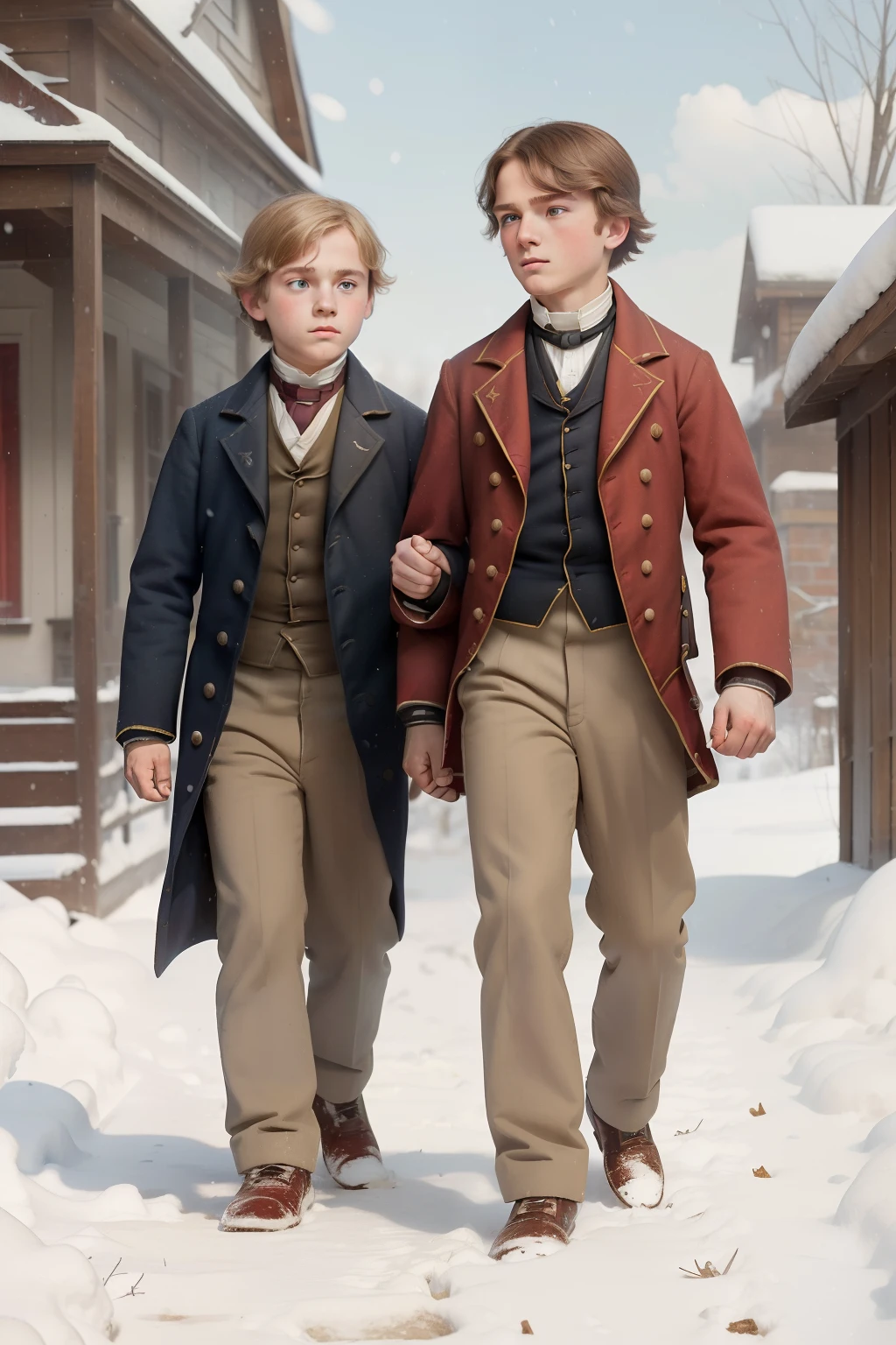 year: 1852. Location: Rock Island, Illinois. Pre-Raphaelite scene with 13-year-old blonde boy and girl, and a 9-year-old boy, chatting on their way to school, winter snow, ((((casual Clothing from the 1850s, scarf and gloves)))) ((Hairstyle of the 1850s)), ((("OMITB" cinematography)))