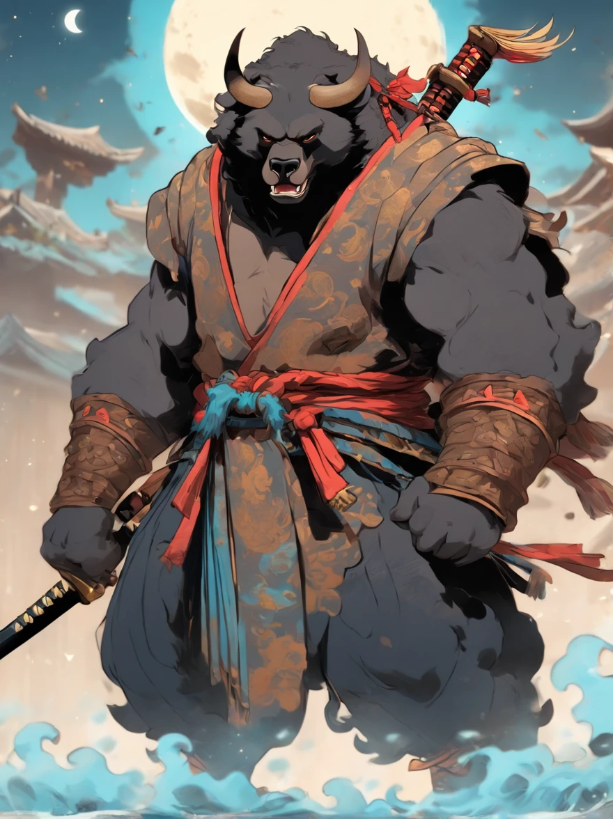 furry character，A very tall and strong bear，He was bare-chested and wearing a pair of cloth shorts，he is a chinese bandit boss，With a fierce look on his face，he is middle age，The Bandit Stockade，ancient style，(clear eyes:1.5)，by lindong