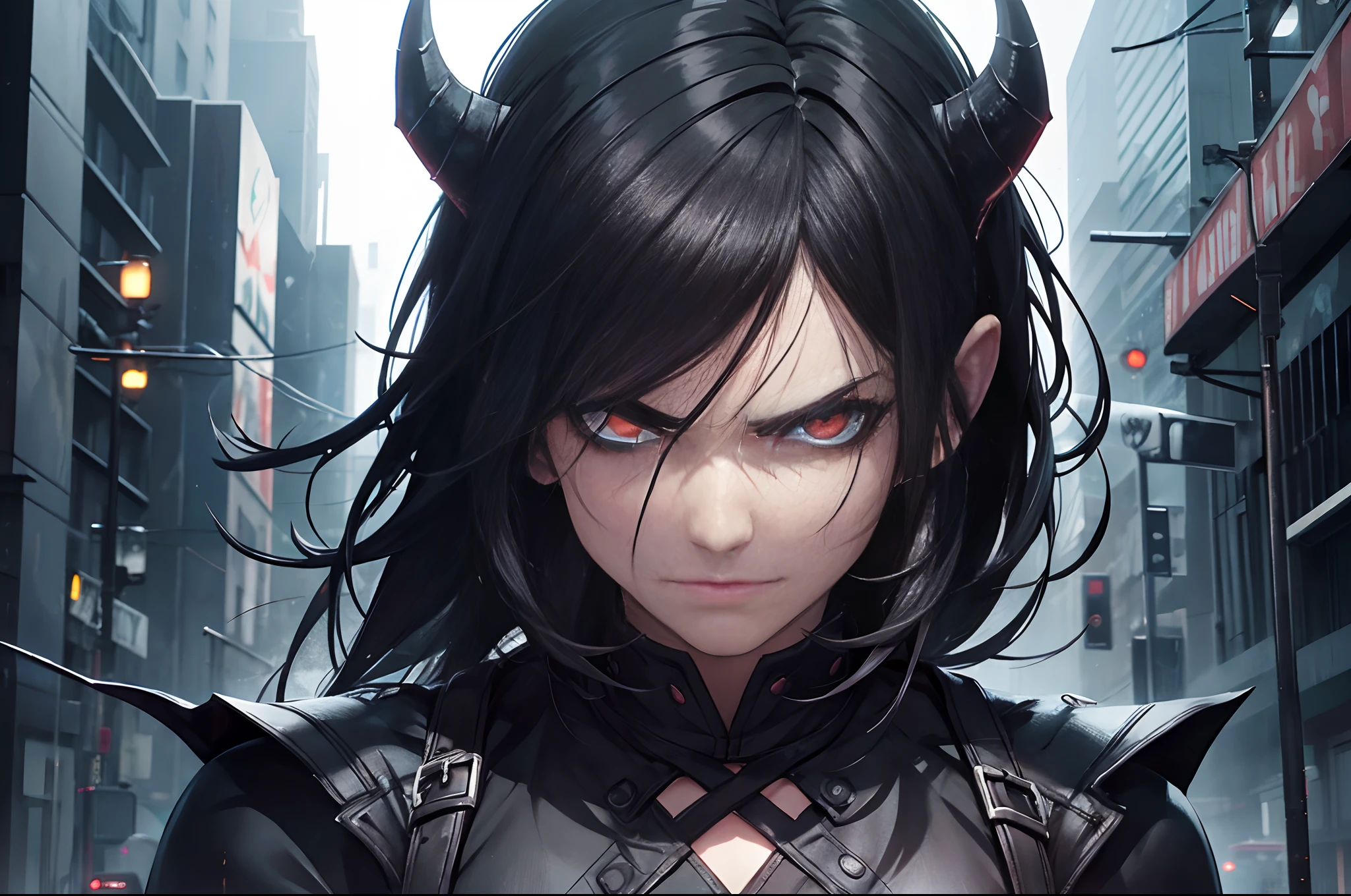 Close up of the head of a demon, redeyes, malignant stare, smirk, realistic very black hair, frowning, slightly sided view, nighttime, dark rainy city as background, highly detailed.