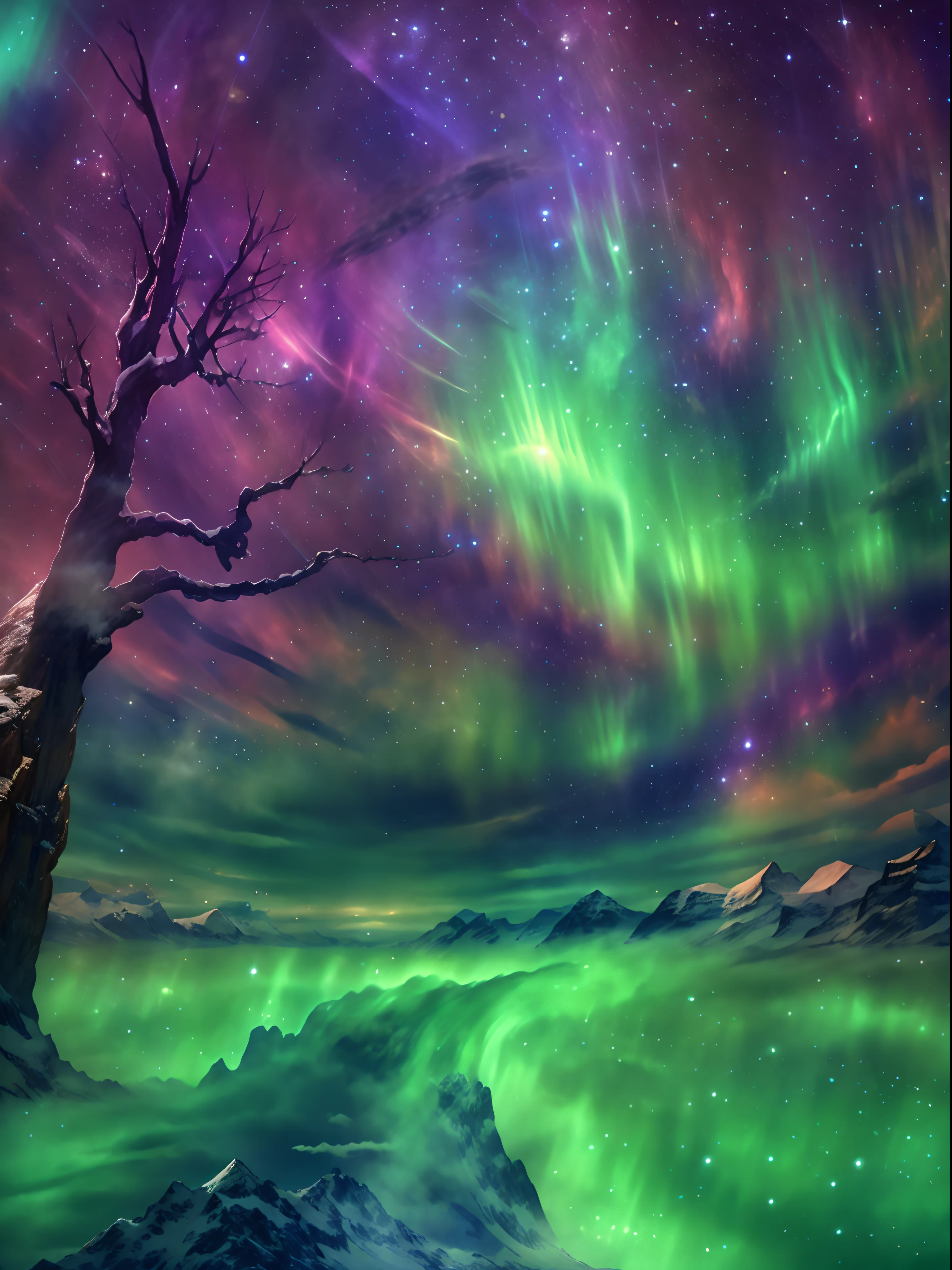 The enchanting Northern Lights dance in the night sky, Like a harp，landscape:0.7, The beauty of celestial bodies:0.6, Natural phenomena:0.5, Ethereal