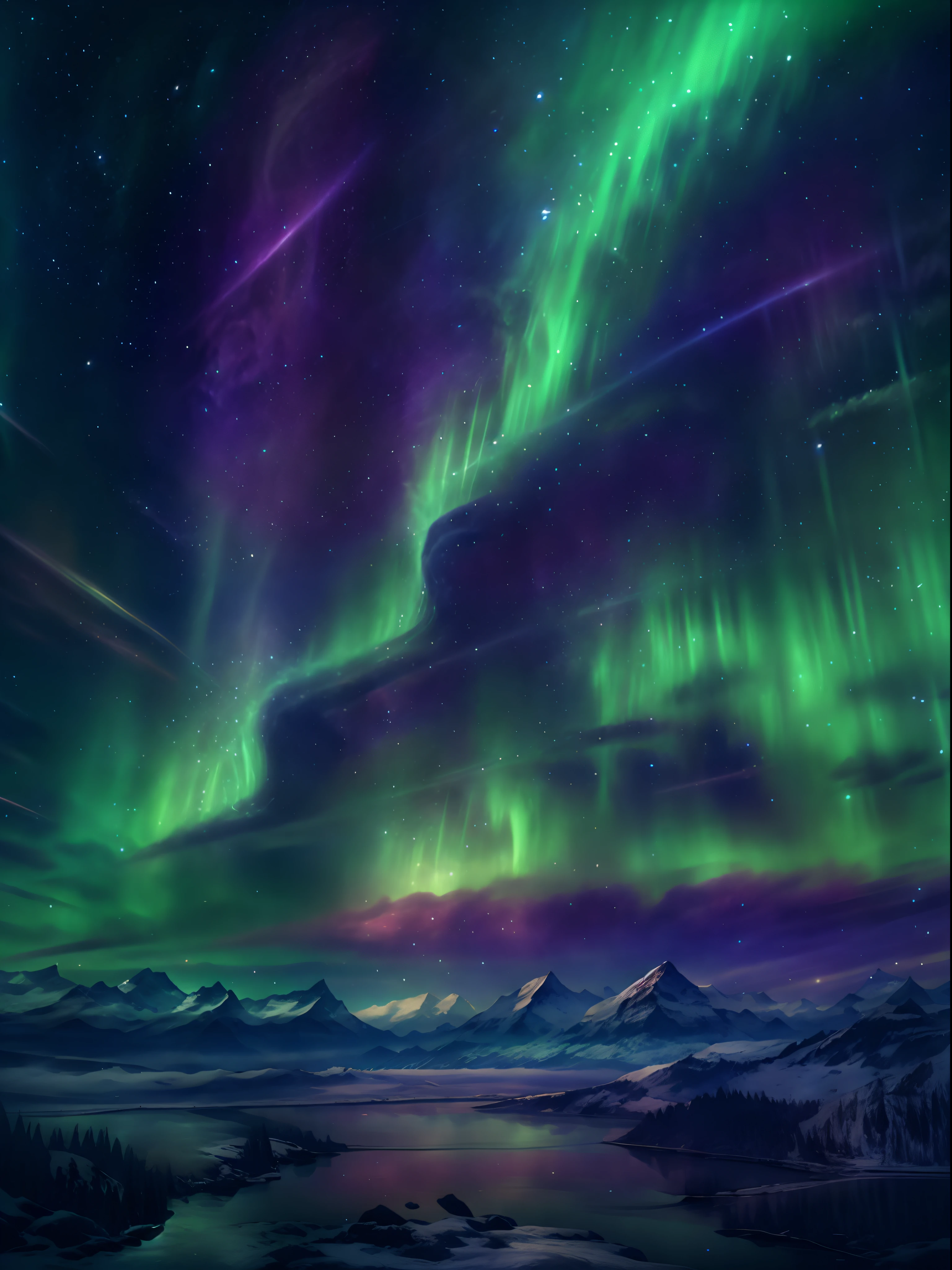 The enchanting Northern Lights dance in the night sky, Like a harp，landscape:0.7, The beauty of celestial bodies:0.6, Natural phenomena:0.5, Ethereal