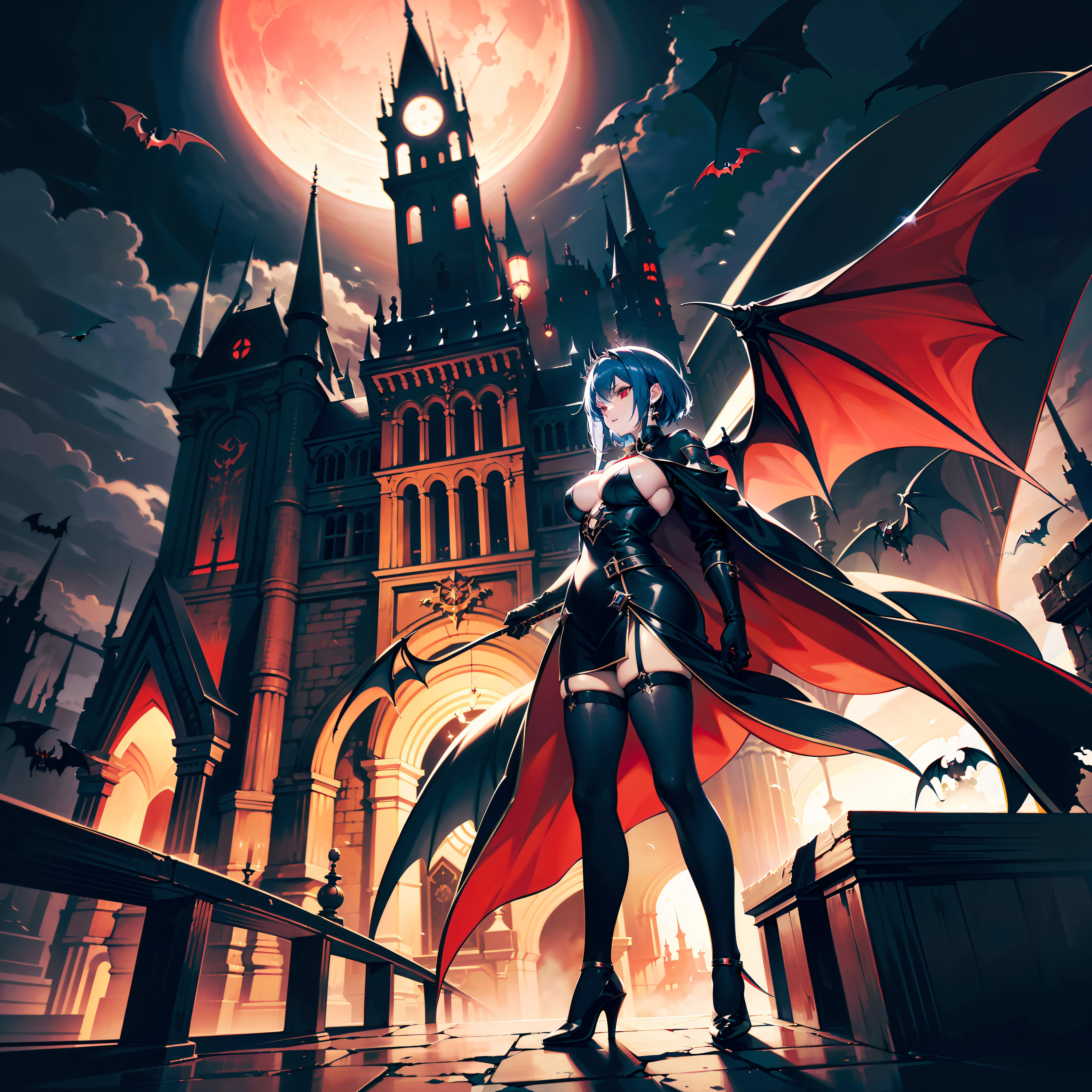 anime girl with black blue hair and red stockings holding a sword, black magician girl, succubus in tight short clothes, demoness, meduime breast, female demon, demon anime girl, villainess, succubus, beautiful succubus, gapmoe yandere grimdark, full res, ((evil fall Mizuno ami))++++,blue hair, short hair, corruption, dark persona, blue hair, tiara, circlet, jewelry, earrings, choker, gloves, elbow gloves, ((castlevania background, castlevania atmosphere, masterpiece, high quality, highres, absurdres, finely detail, castlevania, vampire killer, girl, handsome, strong, warrior, starp, fighting stance, night, moon, castle, bats ,art by kim hyung tae,))++dark red, horror fantasy landscape, symmetrical, occult, trending on artstation, elaborate dark red illustration by Mike Mignola, (A castle of black iron towering in the sky):1.3, illuminated by a red moon, dark clouds loom over it, (Best quality), (masterpiece:1.3), (photorealistic:1.36), (realistic), ultra-detailed, (panorama view, wide shot, Landscape-centered, distant perspective):1.4.Combat posture with a sword, Nuit, castle, A creepy black castle，Fortress of fantasy，spires，minaret，Masonry constructio，Iron railings，Broken appearance，Black clouds，Black sky，Black night, Big red moon，Big old tree，Surrounded by mountains，the woods，Flying bats，Gothpunk，gothicarchitecture，Arched windows，The windows are dimly red，Castle 1nf3rnalAI，stereogram, Black tone lighting，cinematic lighting, 8k, super detail, ccurate, best quality